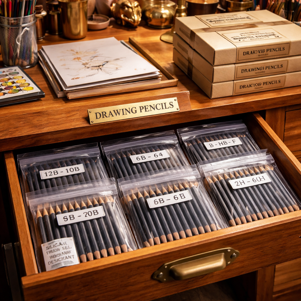 A photorealistic scene of a tidy wooden desk in an Indian art studio, showing a labeled drawer filled with separate zip‑lock bags of drawing pencils sorted by hardness, a silica packet, and a stack of 60‑count boxes, highlighting the drawing pencils bulk discount organization. Alt: Organized drawing pencils bulk discount storage setup.