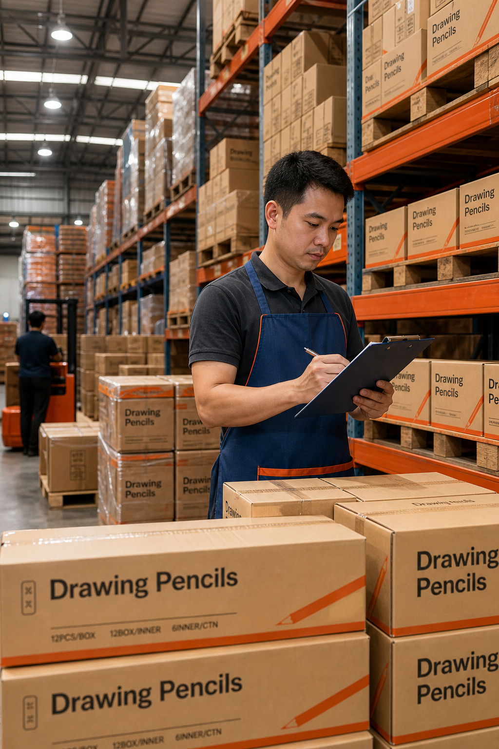 A photorealistic scene of a busy wholesale warehouse with rows of shelves stacked with cardboard boxes labeled 