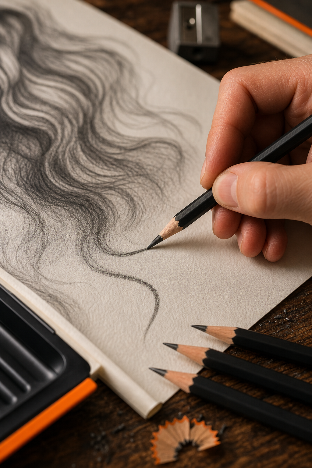 A close-up of an artist's hand holding a graphite pencil, drawing a smooth dark line on textured paper, with other pencils lying on a wooden desk. Alt: Testing drawing pencil quality with smooth graphite laydown on paper.