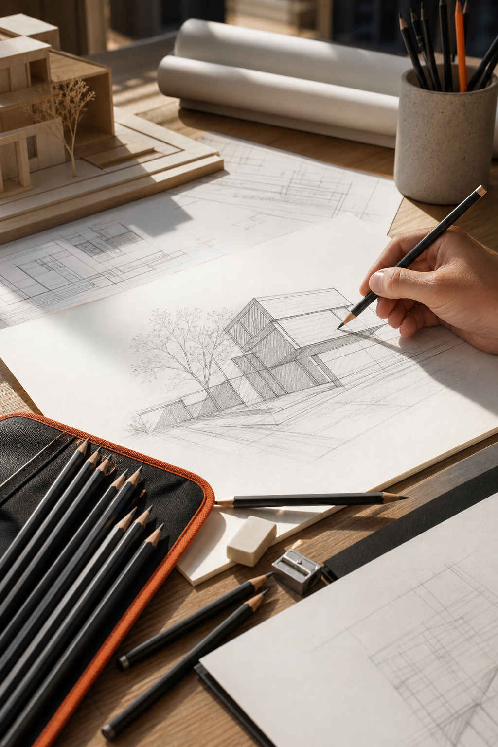 A realistic studio scene showing an architect's desk with sketch paper, a range of graphite pencils in varying hardness, and a hand holding a pencil, lighting highlighting the pencils. Alt: drawing pencils for architectural rendering set on a desk