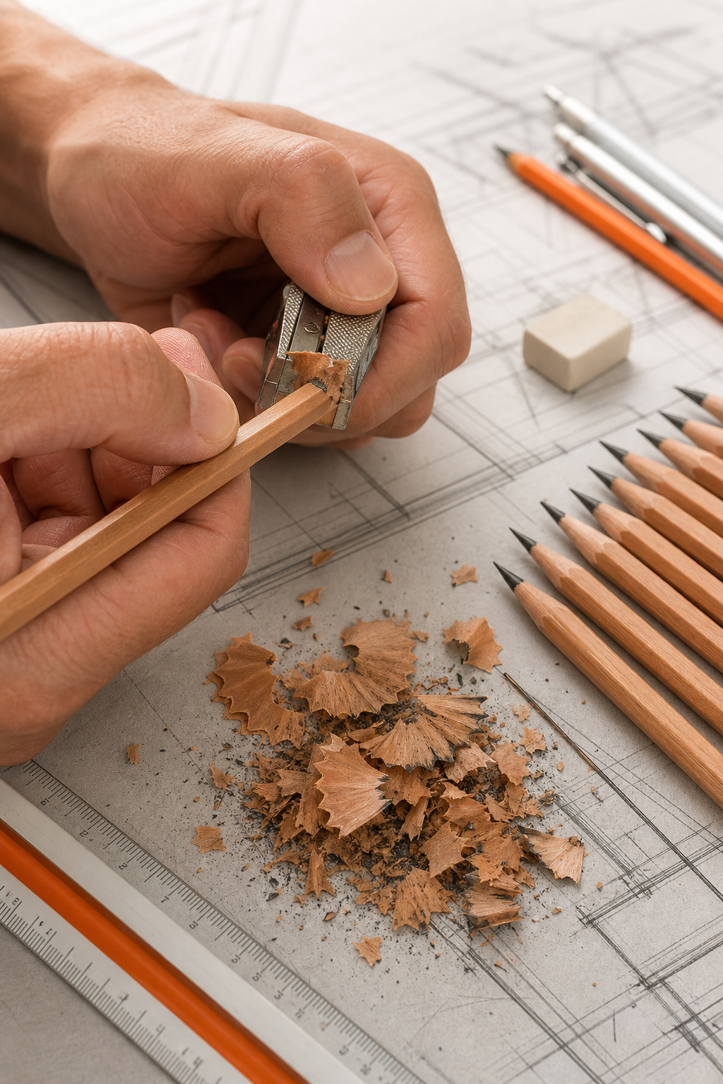 A close‑up of a hand sharpening a wooden pencil, the shavings forming a neat pile on a drafting table, with a set of pencils laid out beside it. Alt: sharpening drawing pencils for architectural rendering