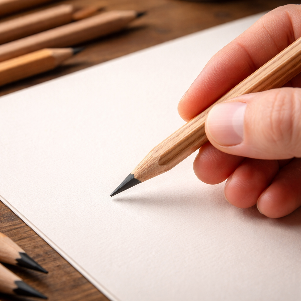 A photorealistic close‑up of a hand holding a cedar‑cased hexagonal drawing pencil next to a sheet of sketch paper, showing the smooth wood grain and graphite core tip. Alt: drawing pencils for artists selecting wood and core materials.