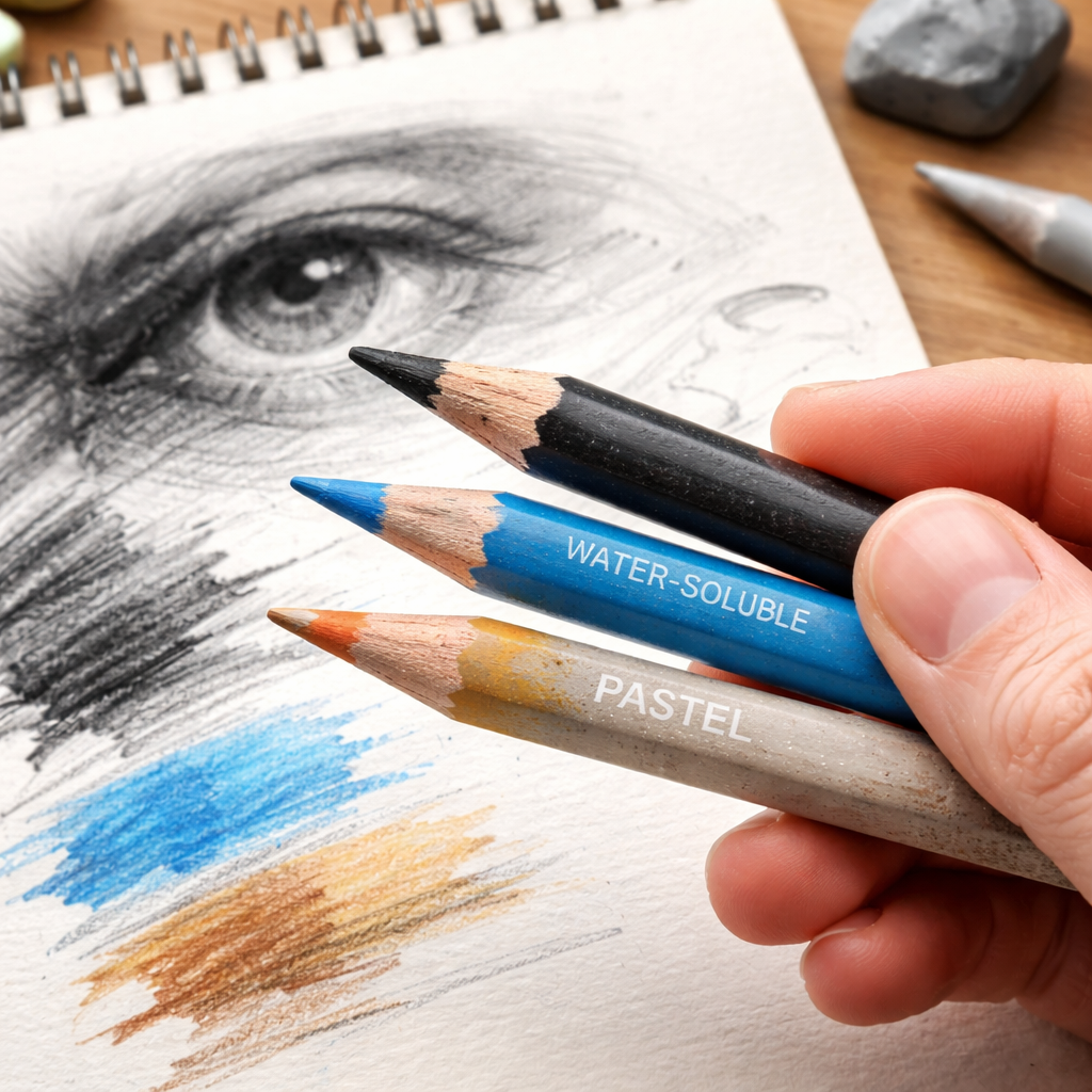 A photorealistic close‑up of an artist’s hand holding a charcoal pencil, a water‑soluble colored pencil, and a pastel pencil arranged on a sketchbook with textured paper. Alt: drawing pencils for artists showing specialty pencils in use.