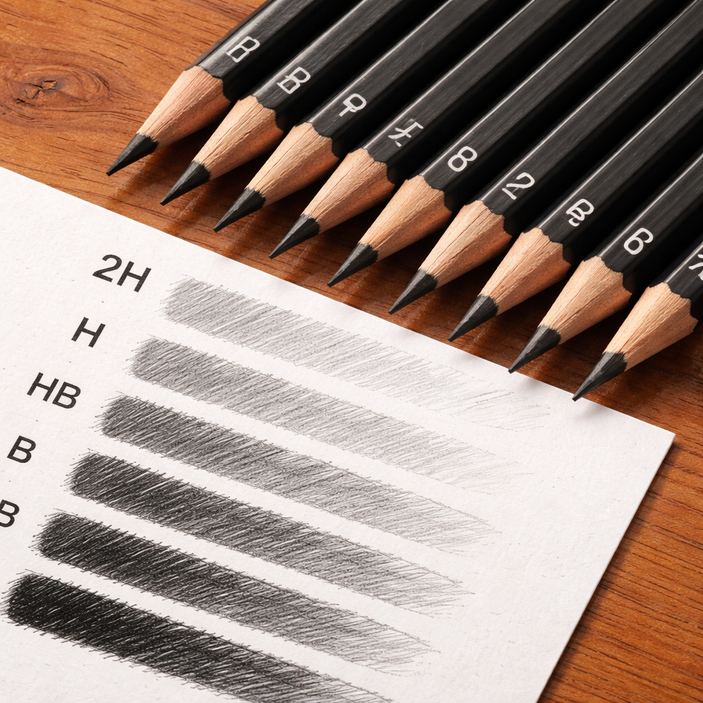 A realistic close-up of a set of graphite pencils showing a range of hardness marks from 2H to 6B, arranged on a wooden desk. Alt: drawing pencils grade chart.