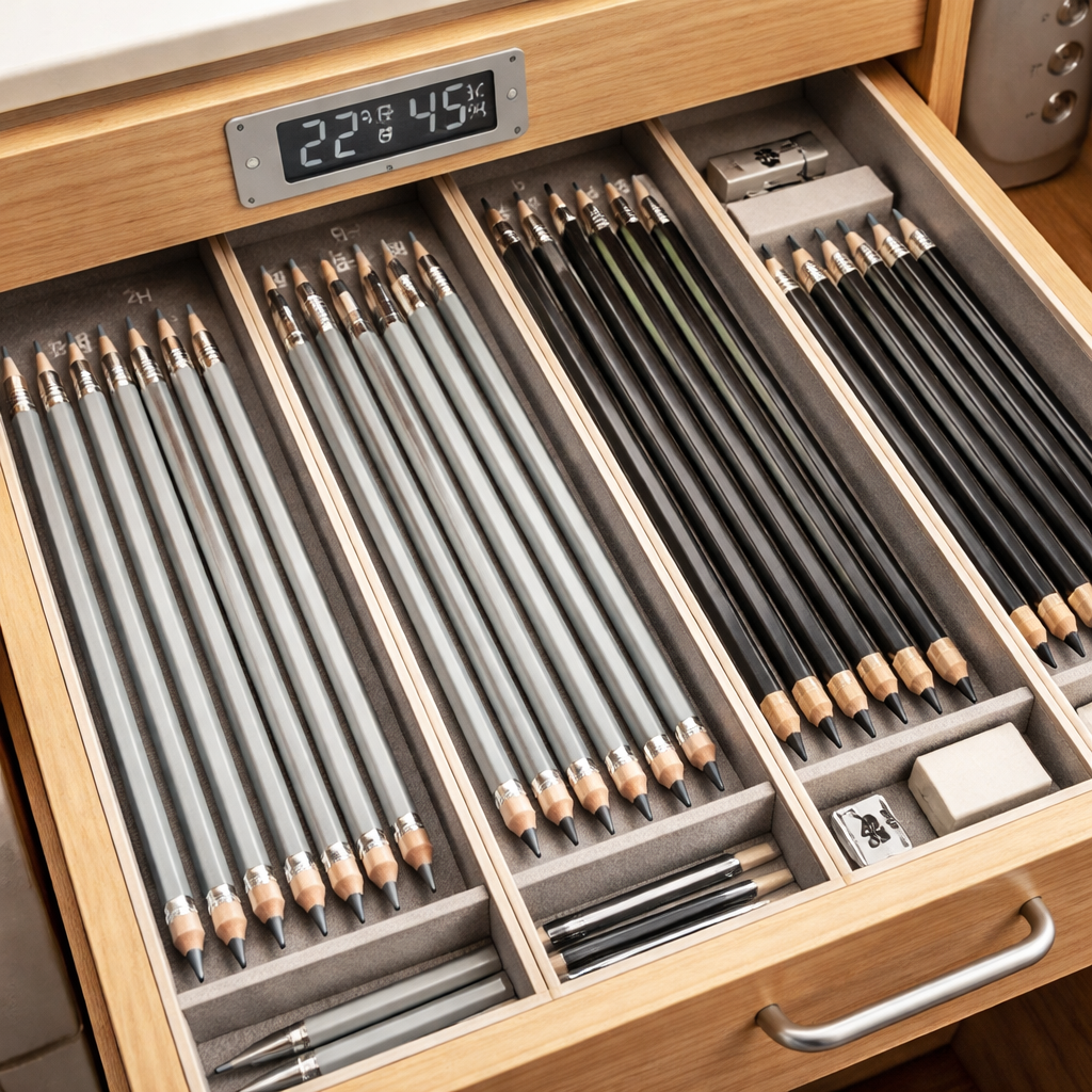 A realistic illustration of an organized pencil storage drawer with separate slots for 2H, HB, 2B, and 4B pencils, showing a tidy, humidity‑controlled environment. Alt: economical drawing pencil storage.
