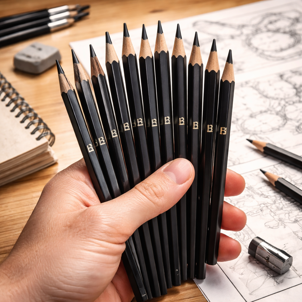 A realistic close‑up of a hand holding a range of graphite pencils of different hardness, laid out on a wooden desk. Alt: variety of graphite pencil grades for comic artists