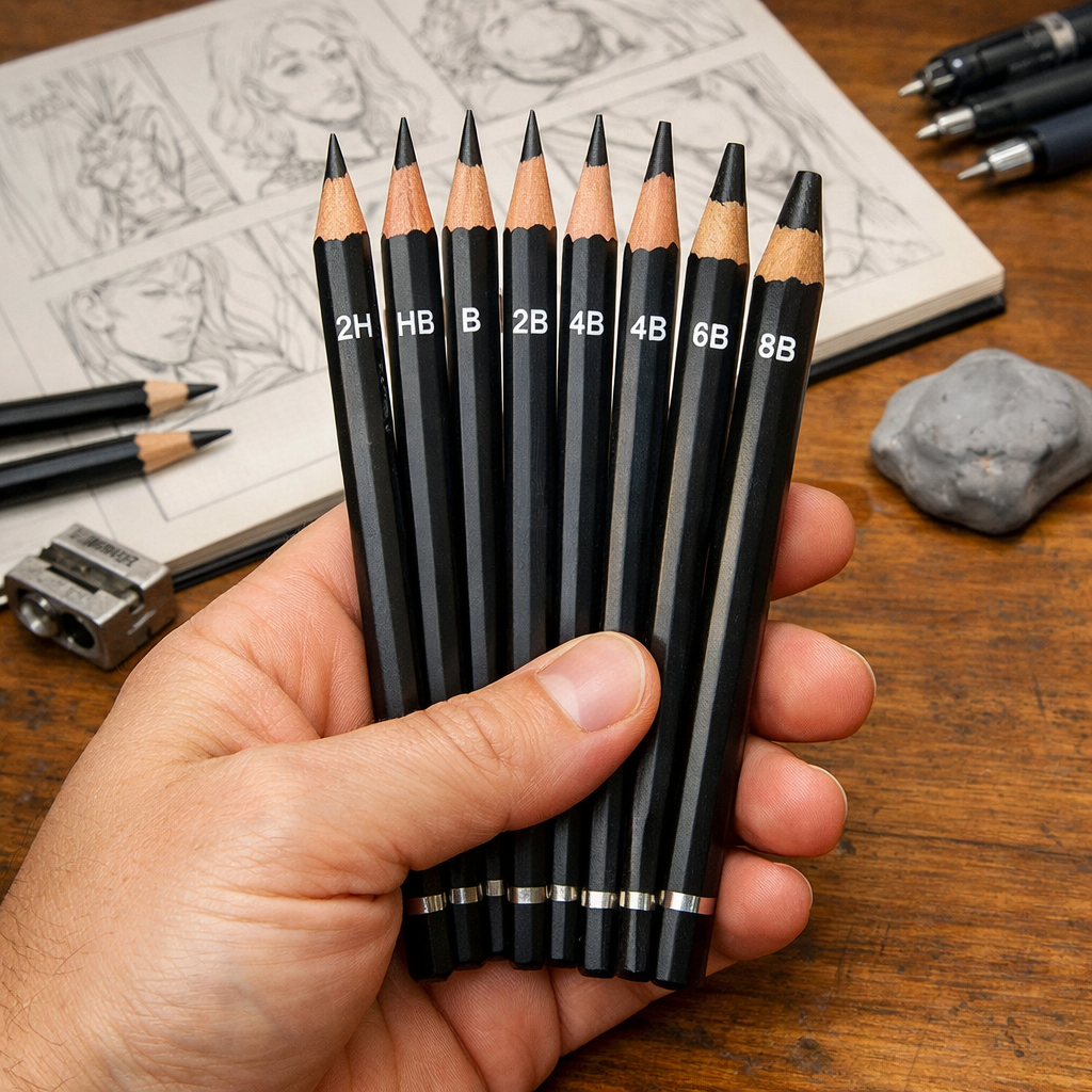 A realistic drawing of a hand holding a range of graphite pencils on a wooden desk, showing different hardness grades. Alt: drawing pencils for comic book illustration variety