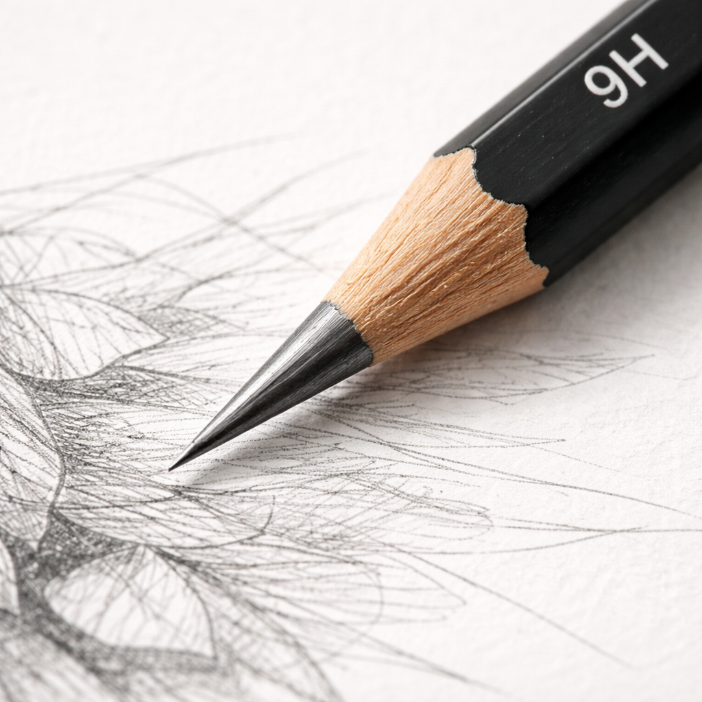 A close‑up of a sharpened 9H graphite pencil tip resting on a sketchbook page, showing fine, crisp lines. Alt: 9H pencil tip for detailed illustration