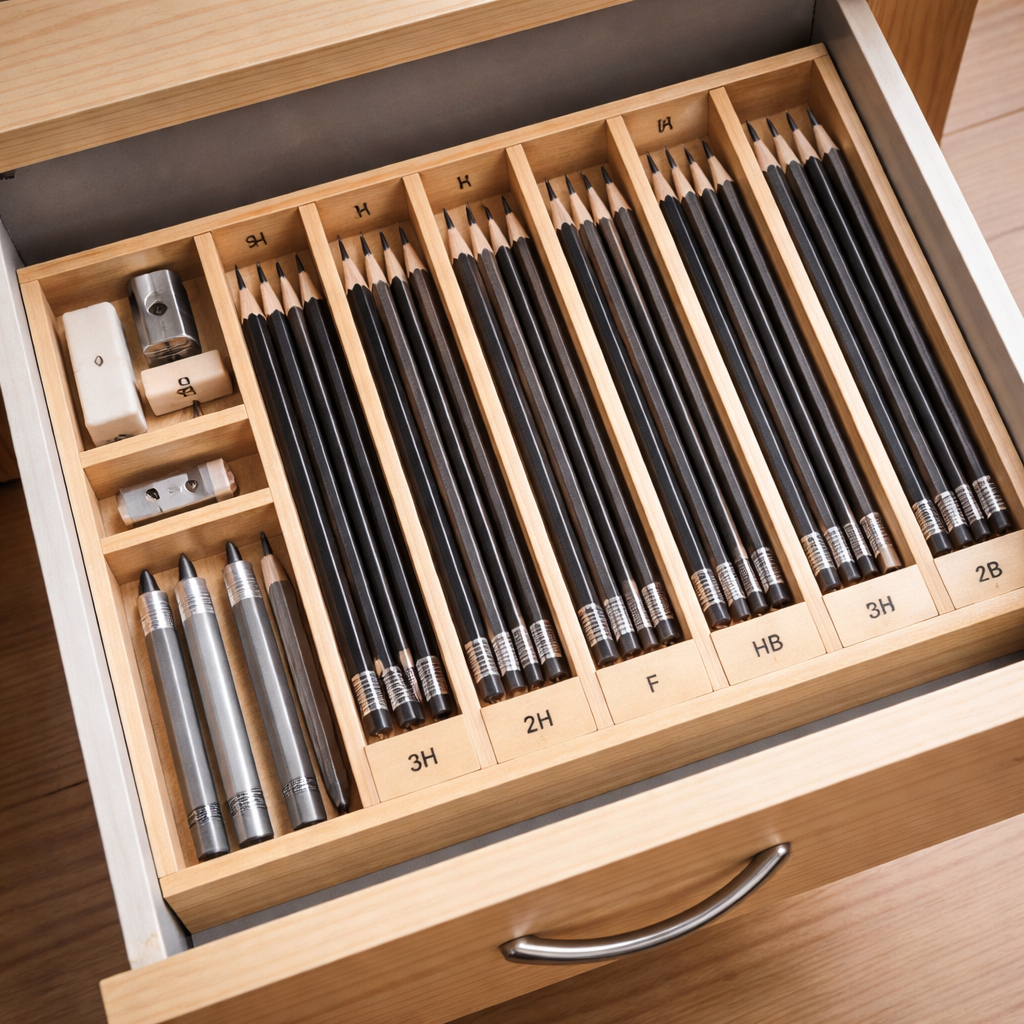 A tidy drawer with labeled compartments for different pencil grades, showing a range from 9H to 2B. Alt: Organized pencil storage for detailed illustration