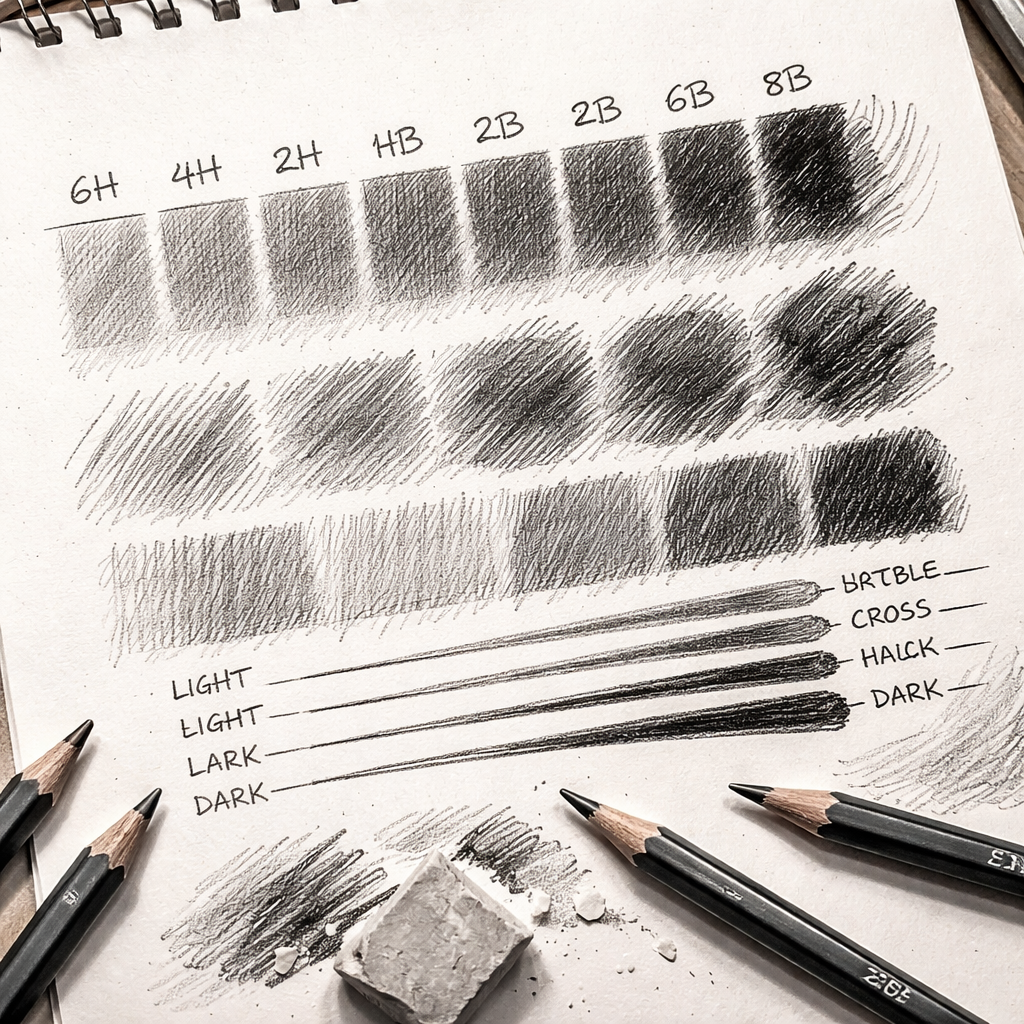A realistic hand drawing with a variety of graphite pencils, showing light and dark strokes on a sketchbook page. Alt: close‑up of graphite pencil grading and line weight on paper, keyword‑rich alt text.