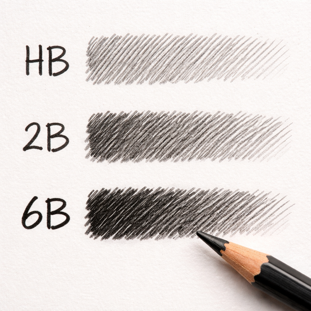 A close‑up of a paper test sheet with three rows of lines: light HB, medium 2B, dark 6B, each drawn with the same pencil. Alt: test sheet showing pencil grade performance for drawing pencils for fine art under $20.
