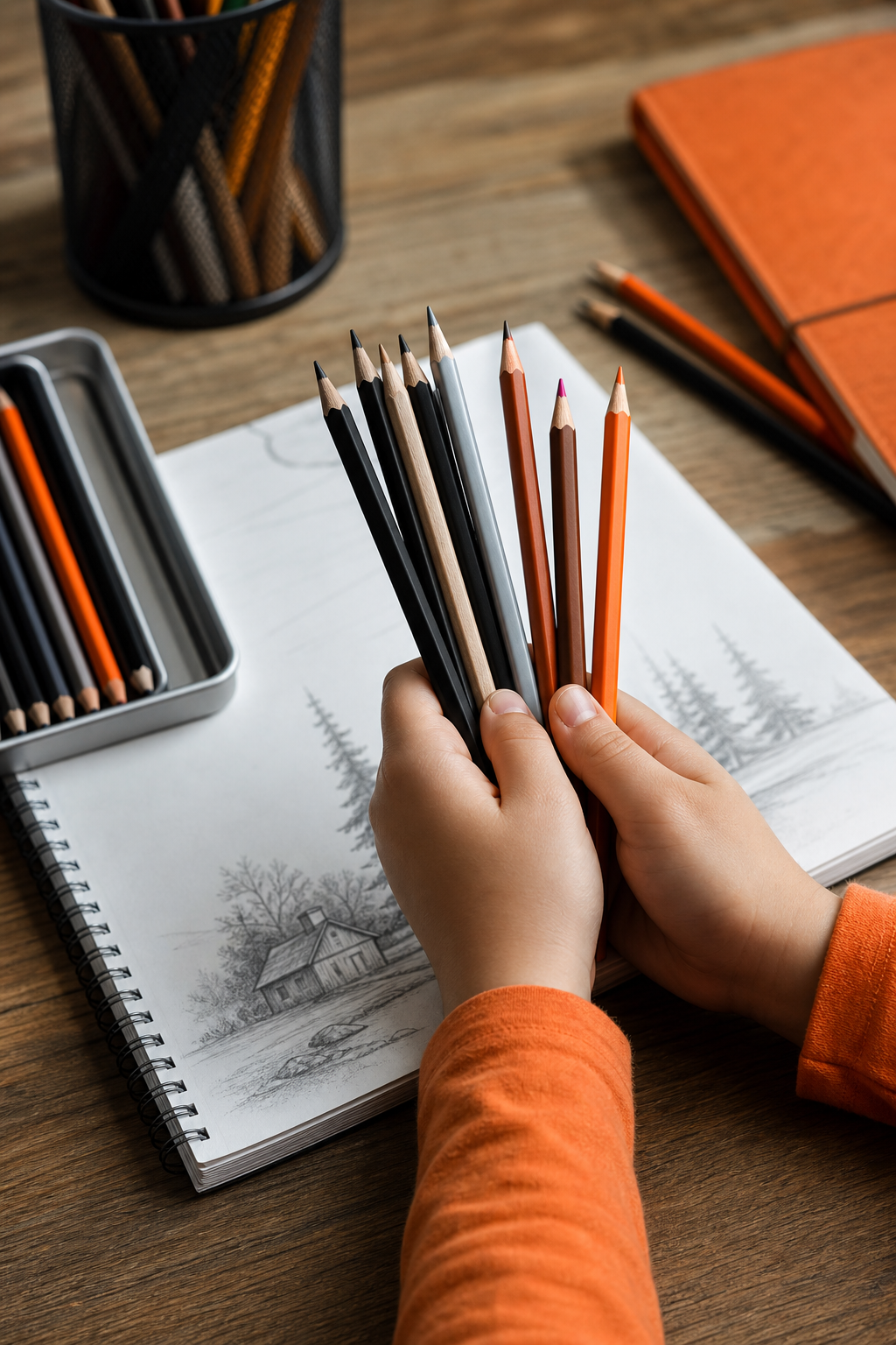 A close-up of a child's hands holding a variety of colored and graphite pencils on a desk with a sketchbook, natural lighting, realistic style. Alt: Child using drawing pencils from Drawing Pencils Guru set.