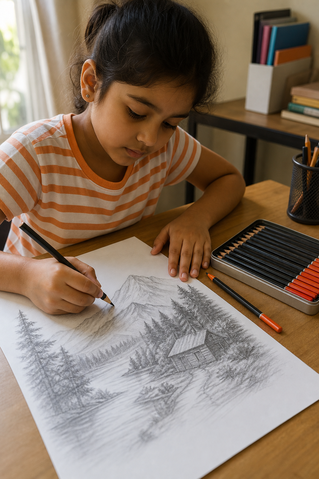 A child drawing with Camlin pencils on a desk, with a box of Camlin pencils visible, realistic indoor lighting. Alt: Indian child using Camlin drawing pencils for a school art project.