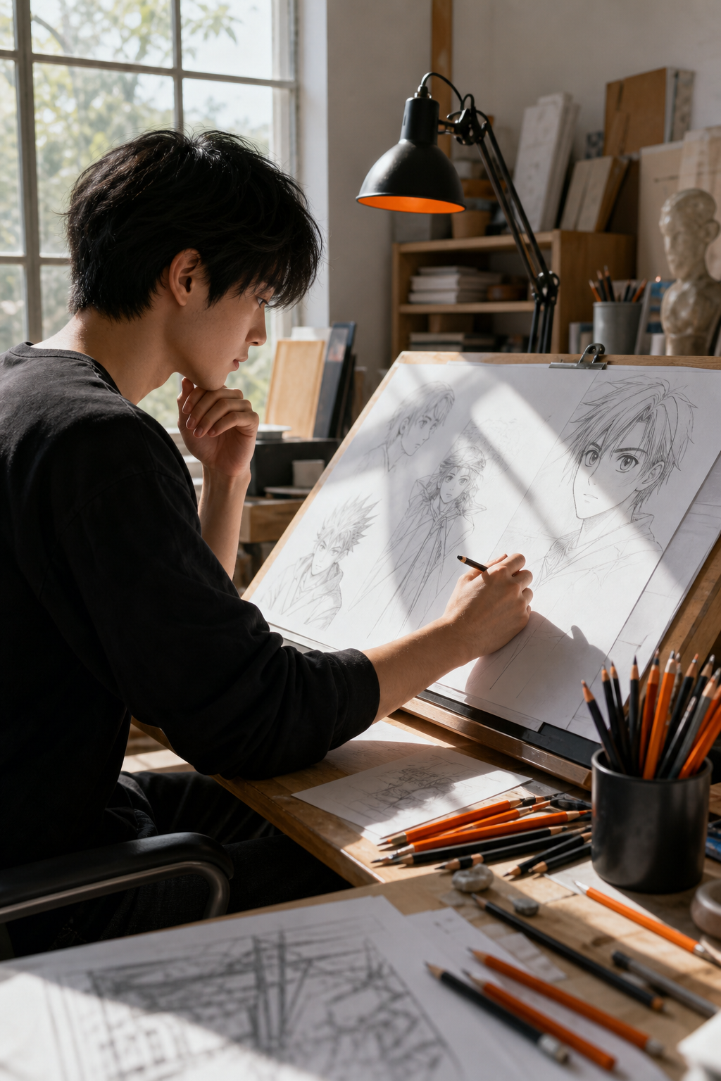 A realistic studio scene showing an artist sketching manga characters on a drafting table, with various pencils scattered, natural light streaming in, high detail, alt: "artist assessing manga style with pencils"