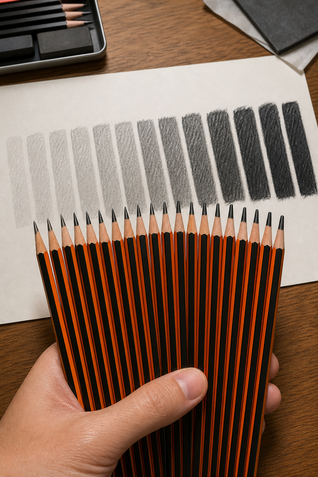 A realistic close‑up of a hand holding a range of graphite pencils from 9H to 9B, laid out on a wooden desk, alt: "graphite hardness range for manga drawing"