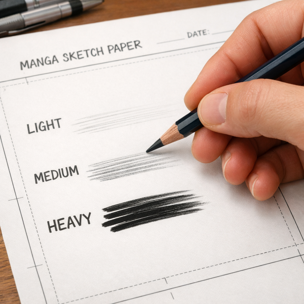 A realistic close‑up of a hand holding a graphite pencil over a sheet of manga sketch paper, showing light, medium, and heavy pressure strokes. Alt: testing lead quality for manga pencils
