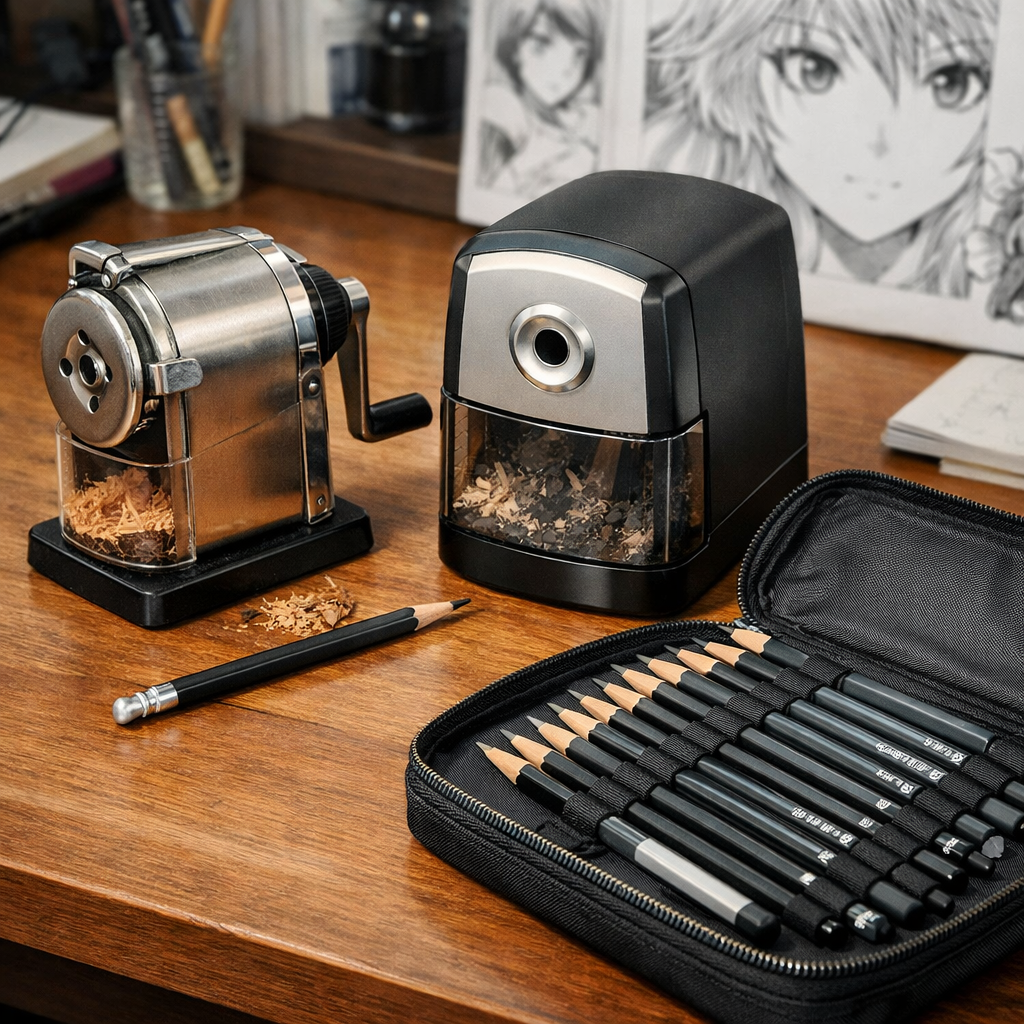 A realistic scene of a desk with a metal pencil sharpener, a rotary electric sharpener, and a capped pencil case holding various graphite pencils. Alt: preserving and sharpening drawing pencils for manga