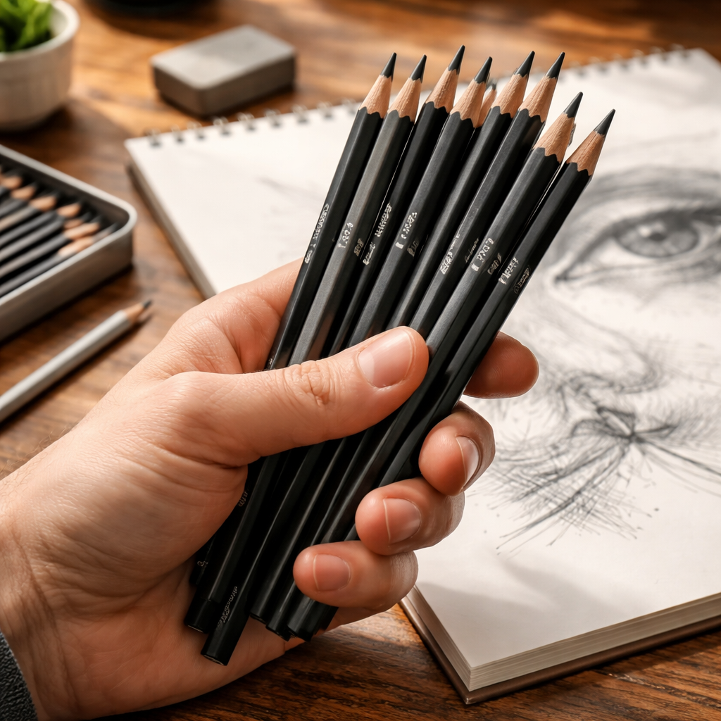 A realistic close‑up of a hand holding a set of graphite drawing pencils on a wooden desk, soft natural light, alt: drawing pencils for professional artists discount research illustration.