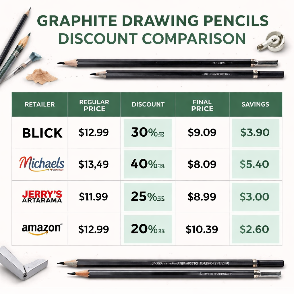 A clean infographic style table showing discount comparison for graphite drawing pencils, alt: quick reference table for drawing pencils for professional artists discount.