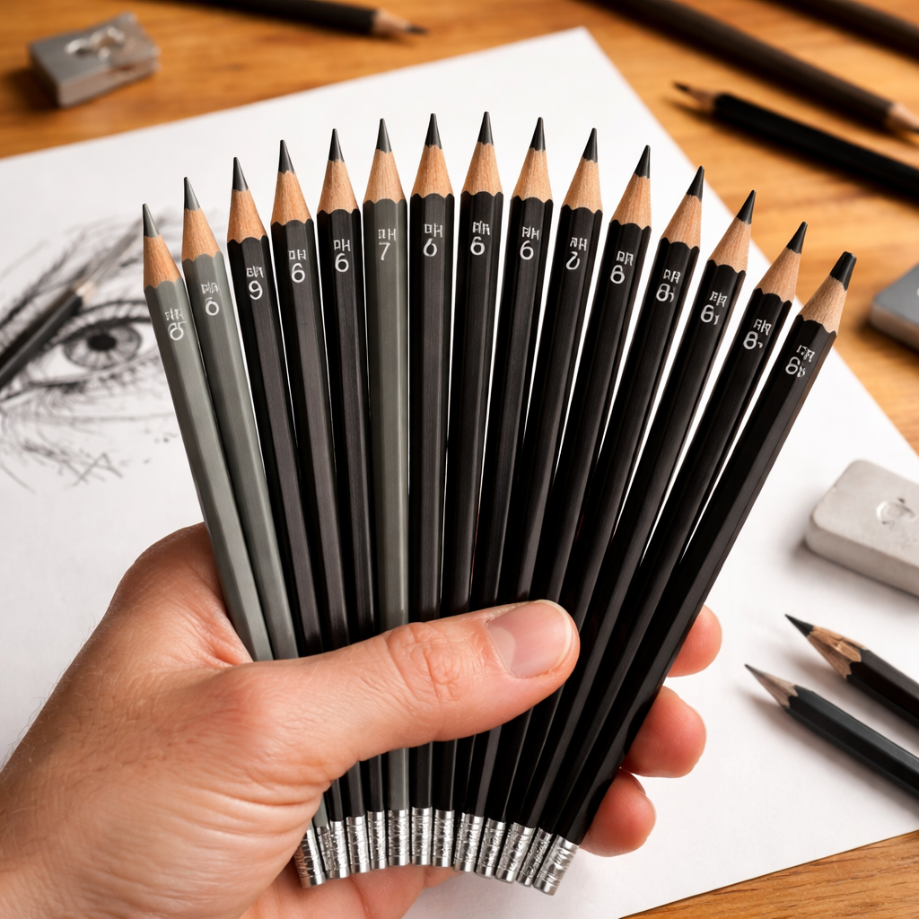 A realistic close‑up of a hand holding a range of graphite pencils from hard to soft, laid out on a wooden desk. Alt: drawing pencils grade selection guide.