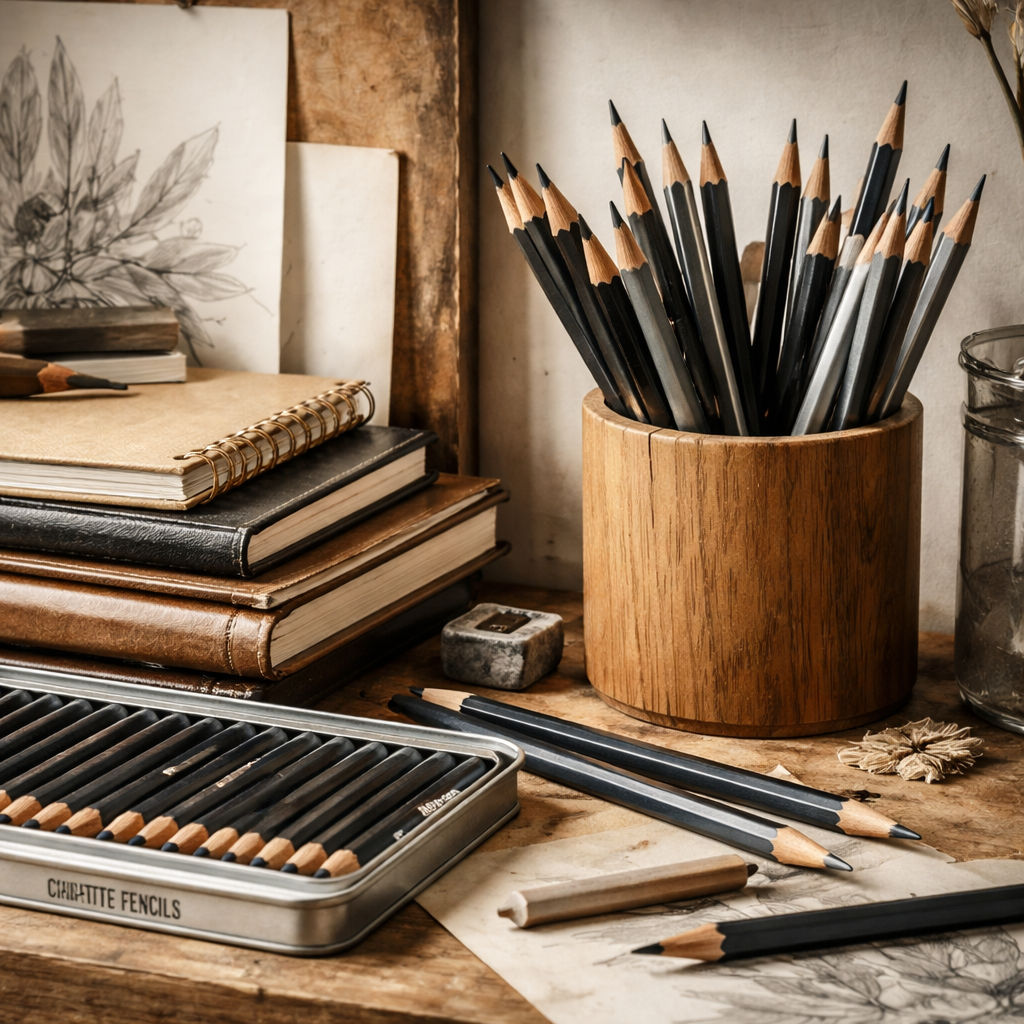 A realistic scene of an artist’s studio shelf filled with assorted drawing pencils, sketchbooks, and a sharpened wooden pencil holder. Alt: buying guide for quality drawing pencils.