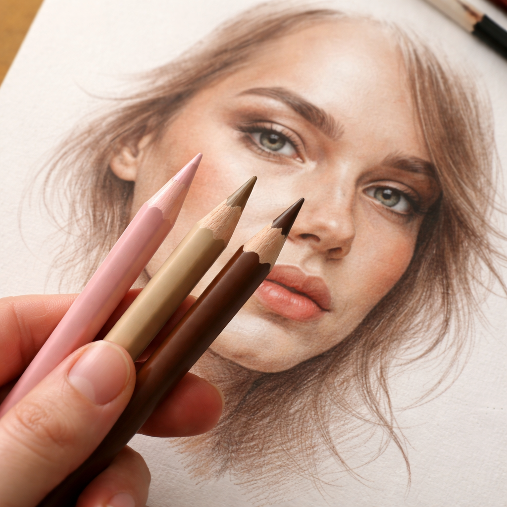 A realistic close‑up of a hand holding three drawing pencils—one light pink, one beige, one brown—arranged over a sketch of a face showing highlights, mid‑tones, and shadows. Style: Realism. Alt: Three drawing pencils for realistic skin tones price palette.