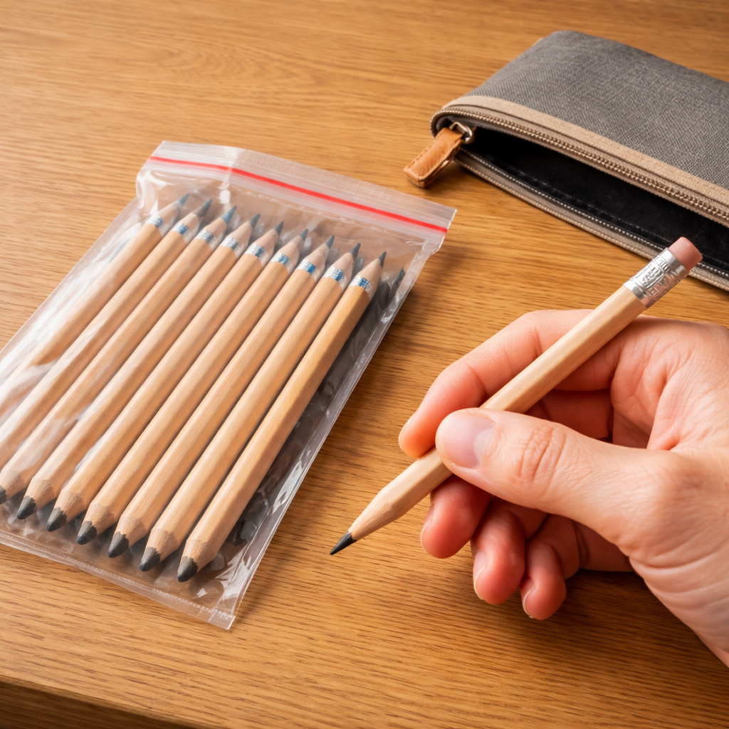 A realistic photo of a hand holding a sharpened graphite pencil beside a zip‑lock bag of pencils on a wooden desk, showing clean tips and a simple pencil case, style: Realism, alt: Maintaining and extending pencil life for realistic skin tone drawing pencils