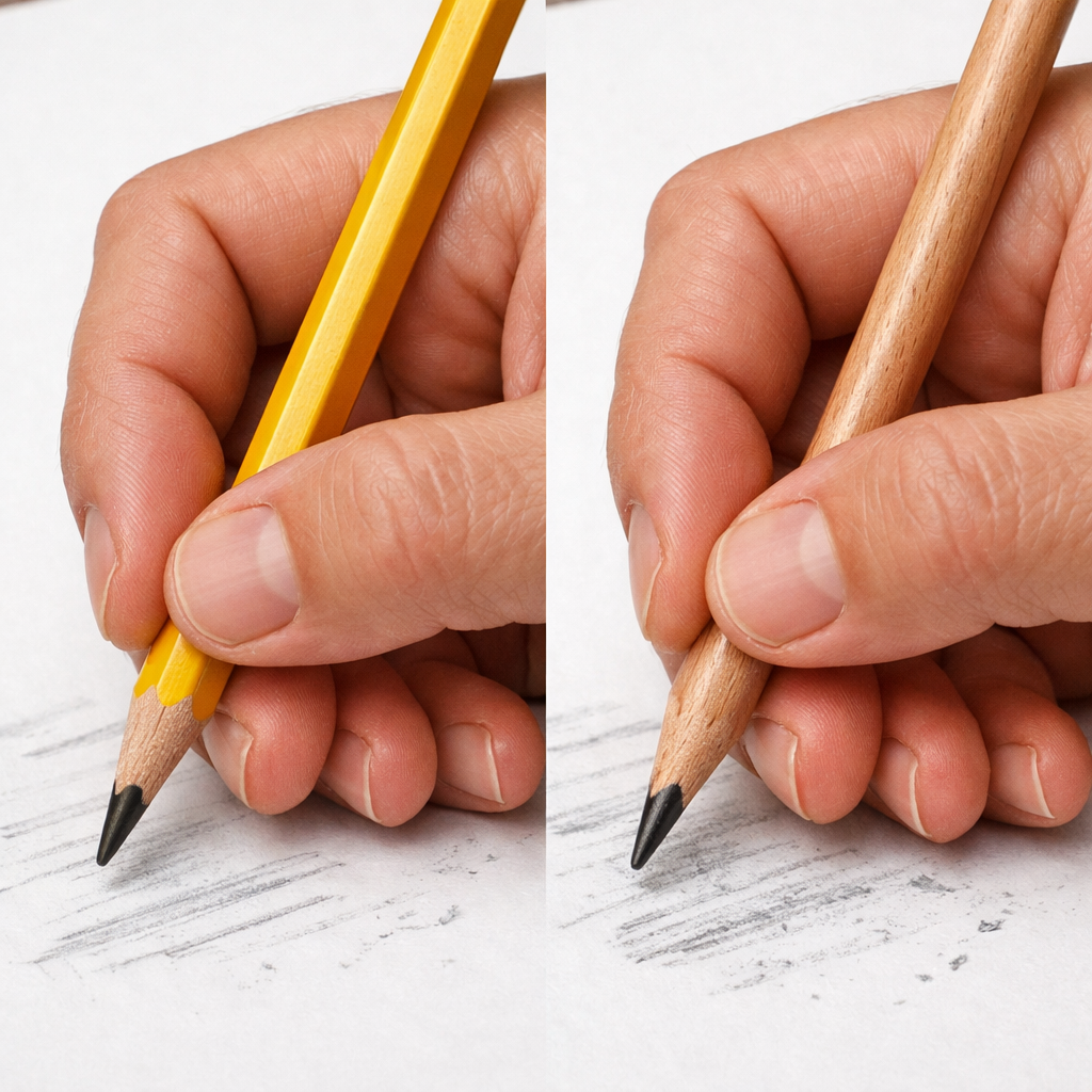 A realistic close‑up of a hand holding two wooden pencils, one with a hexagonal barrel and one round, showing the grip and a piece of paper with erased lines. Alt: hand grip comparison for drawing pencils.