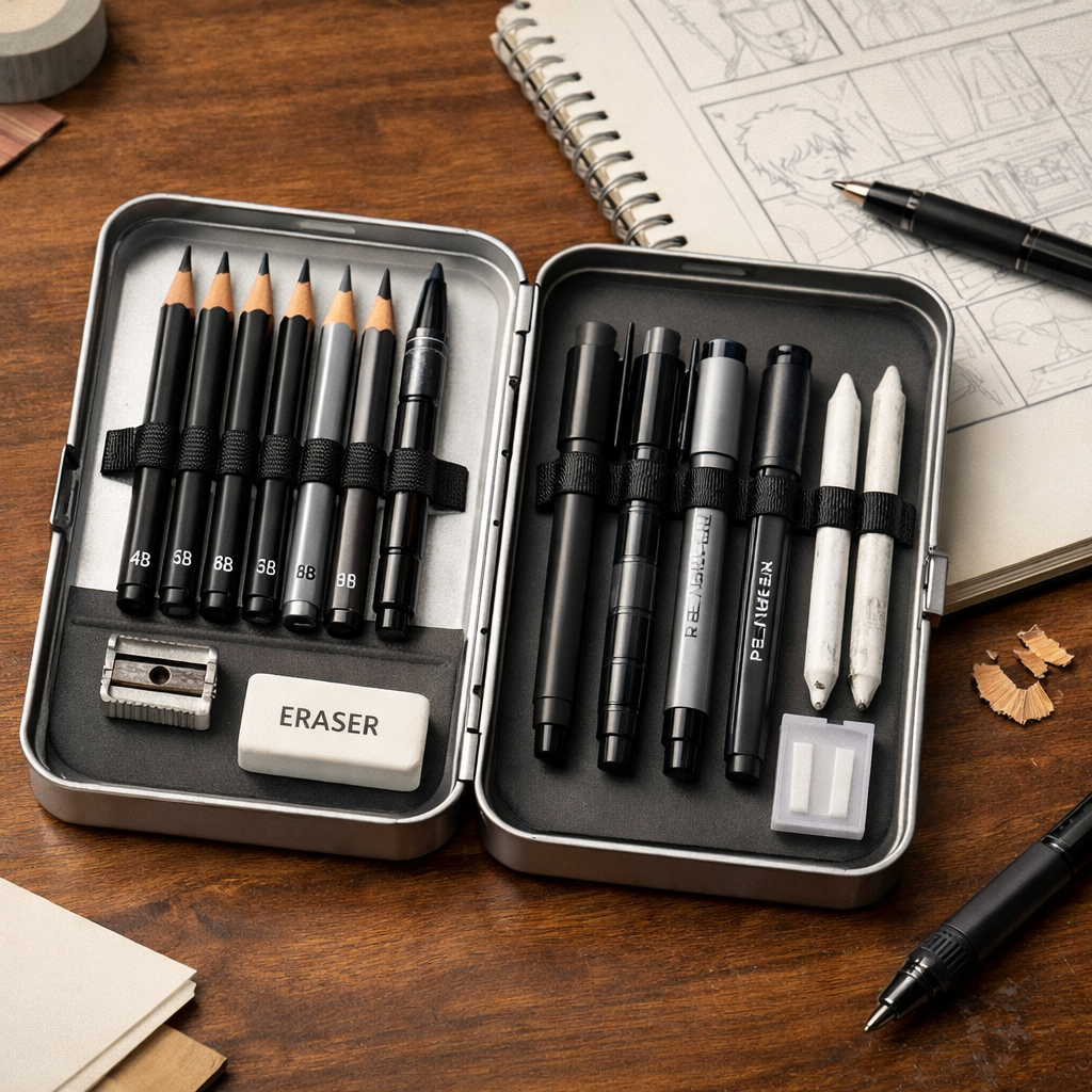 A realistic tabletop scene showing a compact metal pencil case opened, revealing organized pencils, a tiny sharpener, eraser, and a notebook. Alt: portable pencil kit layout for webcomic artists.