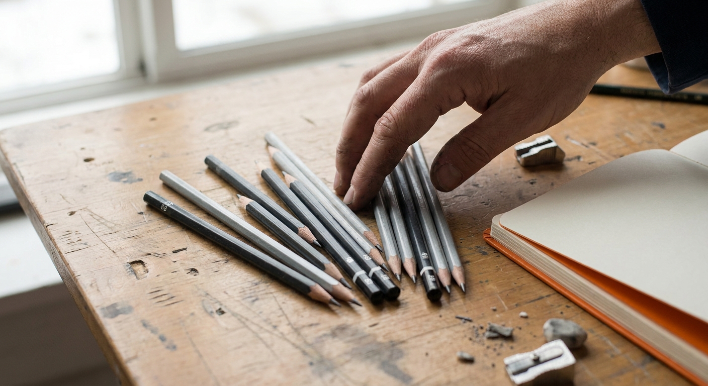 A photorealistic close-up of an artist's hand arranging a fan of graphite pencils in different hardness grades on a wooden studio table, soft natural light, warm orange accent on a nearby sketchbook. Alt: drawing pencils price comparison across graphite hardness grades on a studio table