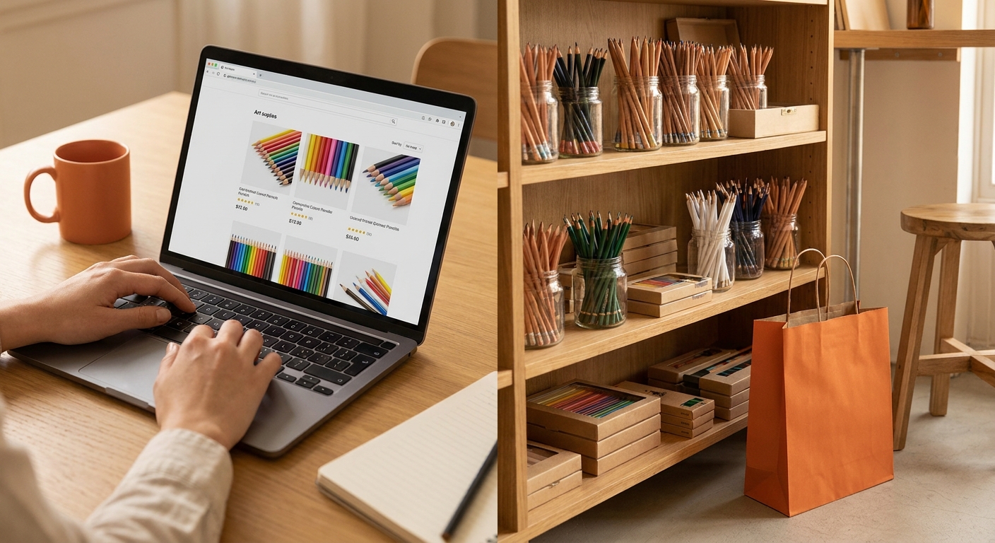 A photorealistic split scene of a person browsing art supplies on a laptop on one side and a shelf of pencils in a local art store on the other, warm lighting, orange accent on a shopping bag. Alt: comparing drawing pencils prices online versus a local art store