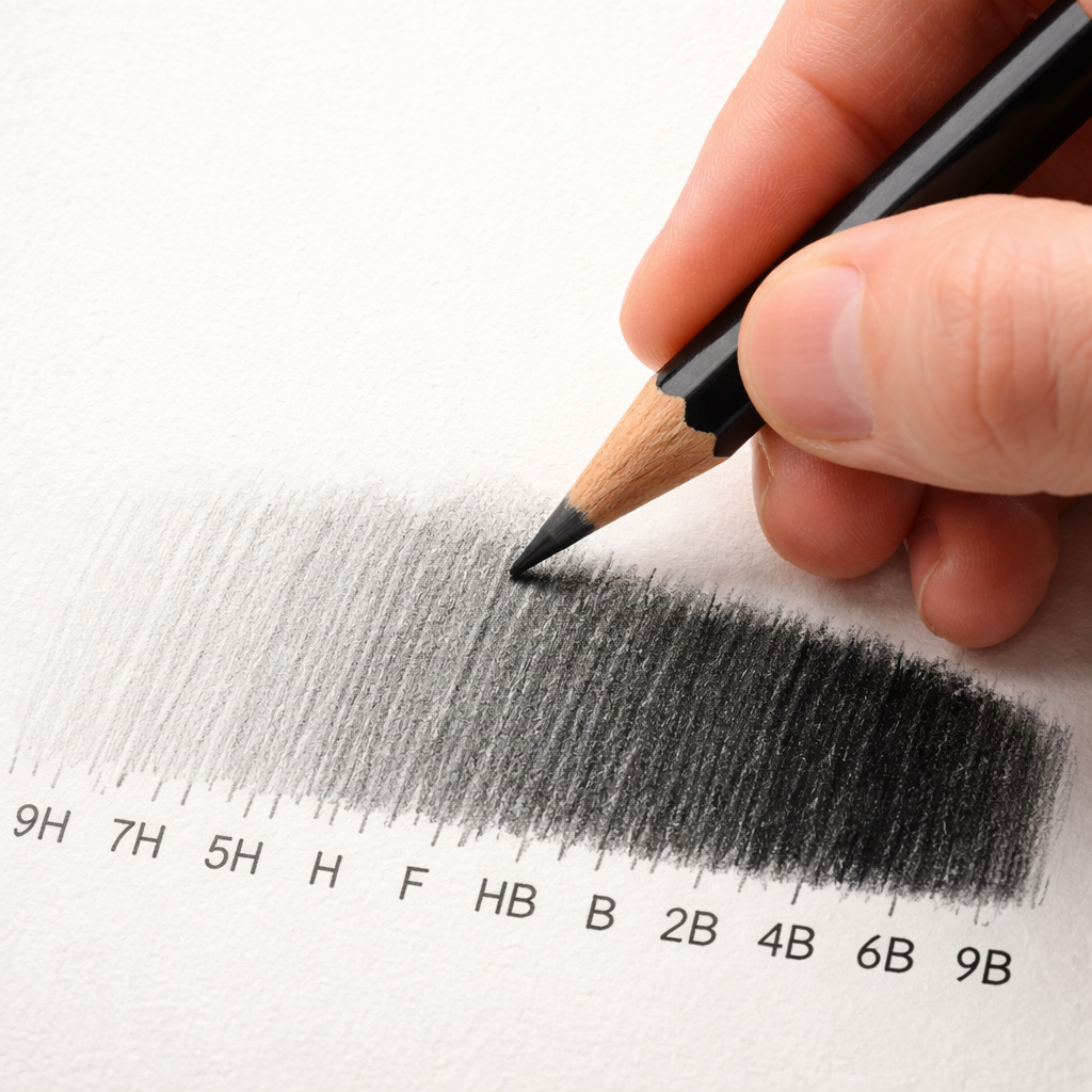 A realistic close‑up of a hand holding a graphite pencil, showing the lead tip and a gradient of shades on paper. Alt: drawing pencil grades illustration