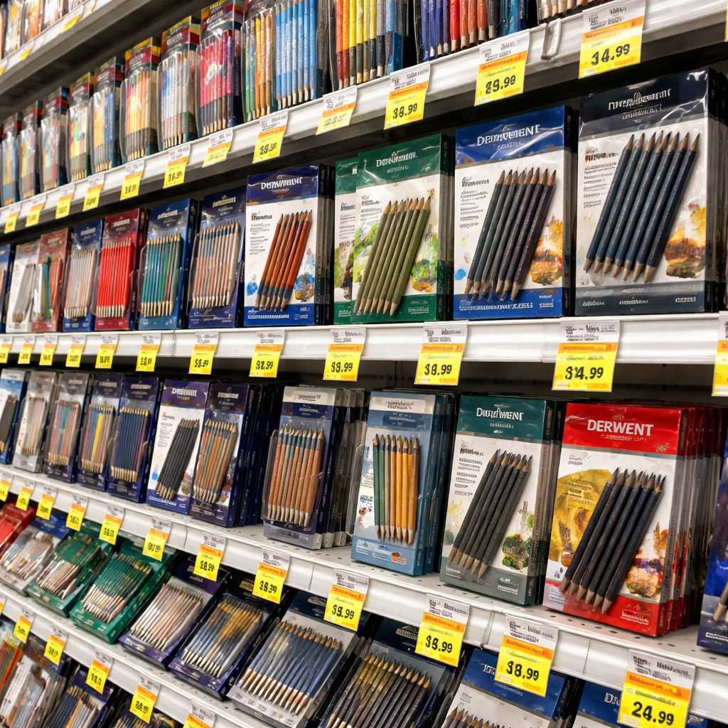 A realistic scene of a bright art store aisle with rows of pencil boxes and price tags. Alt: art supply store with drawing pencils on shelves