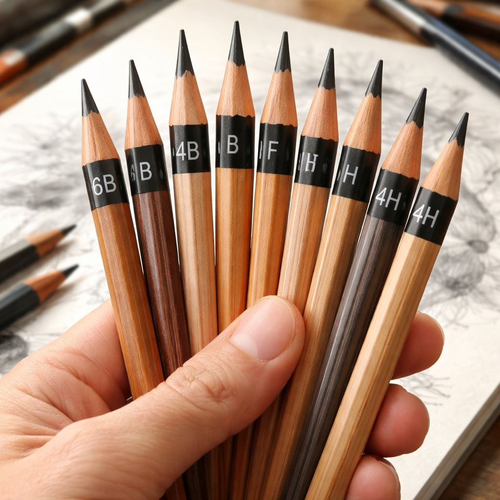 A photorealistic close‑up of a hand holding a range of drawing pencils, showing different grades and wooden casings. Alt: drawing pencils review – pencil selection guide.
