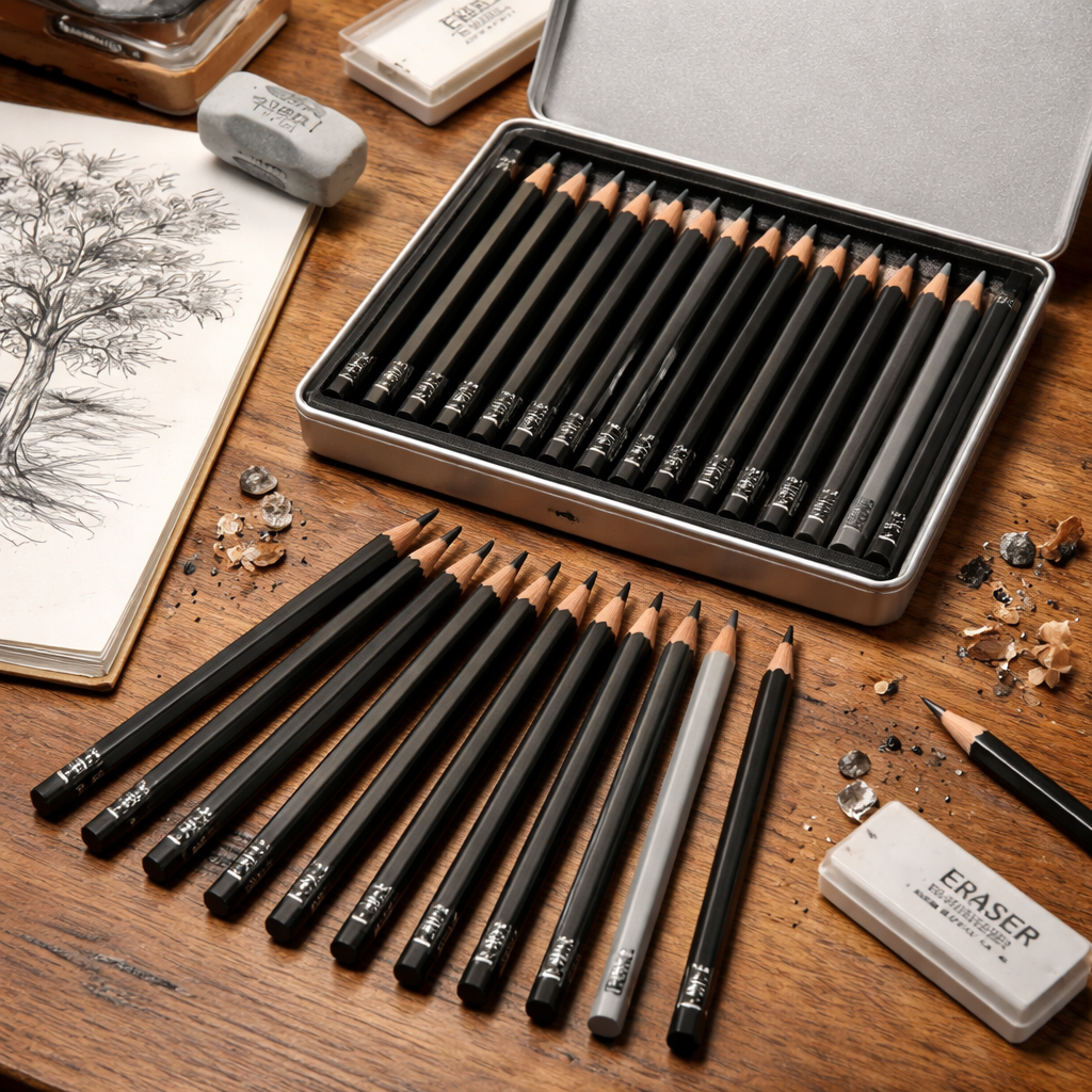 A realistic photo of a mixed‑grade drawing pencil set spread on a wooden desk, with a cheap tin case beside it. Alt: budget-friendly drawing pencils review showing variety of grades.