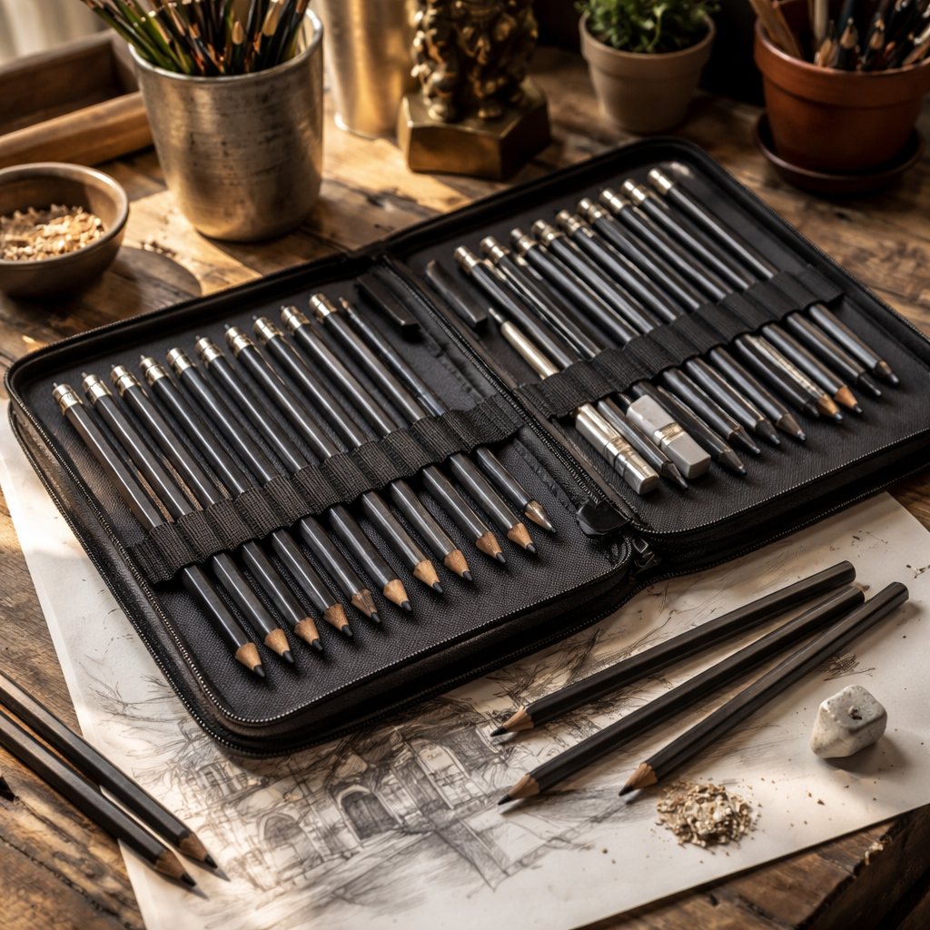 A realistic photo of a tabletop with a mixed drawing pencils set spread out, showing 2H, HB, 2B, 4B, 6B pencils in a zip-up case, natural light, Indian artist’s studio. Alt: drawing pencils set laid out for assessment
