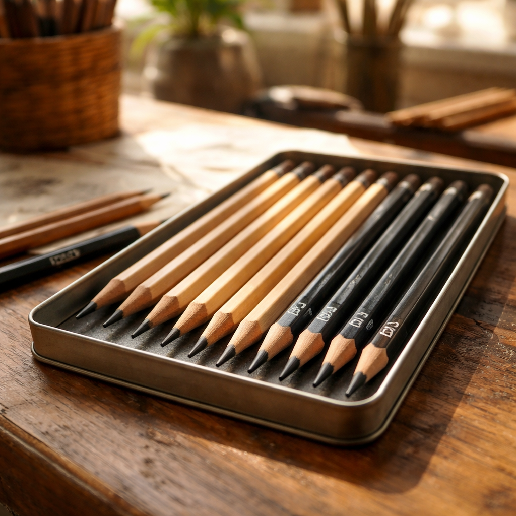 A photorealistic close‑up of a mixed drawing pencils set on a wooden desk, showing hard (2H), medium (HB) and soft (4B, 6B) pencils arranged by grade, natural light, Indian artist’s studio. Alt: drawing pencils set with various graphite grades.
