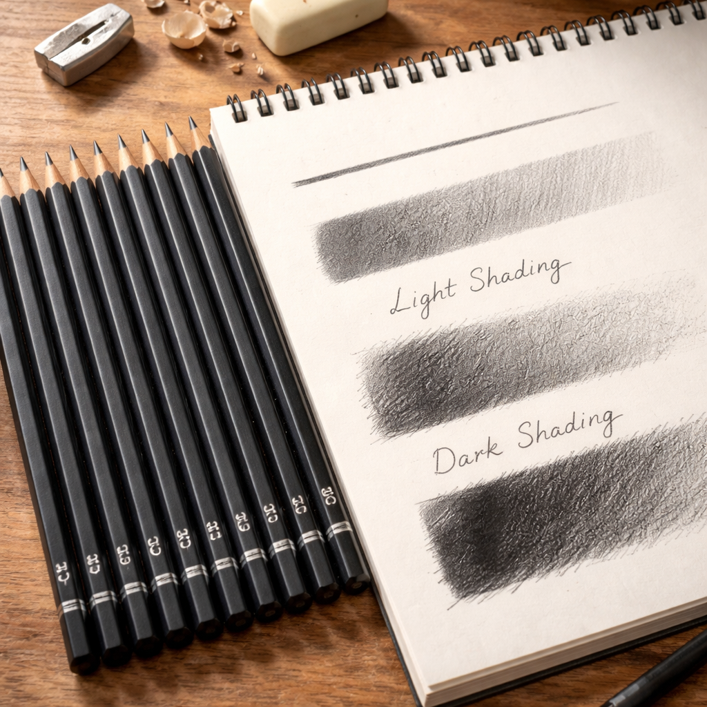 A photorealistic close‑up of a wooden desk with a set of graphite pencils ranging from 9H to 6B, a sketchbook open to a page showing a line, a light shading, and a dark shading test, soft natural lighting. Alt: drawing pencils set for professionals displaying hardness range test.