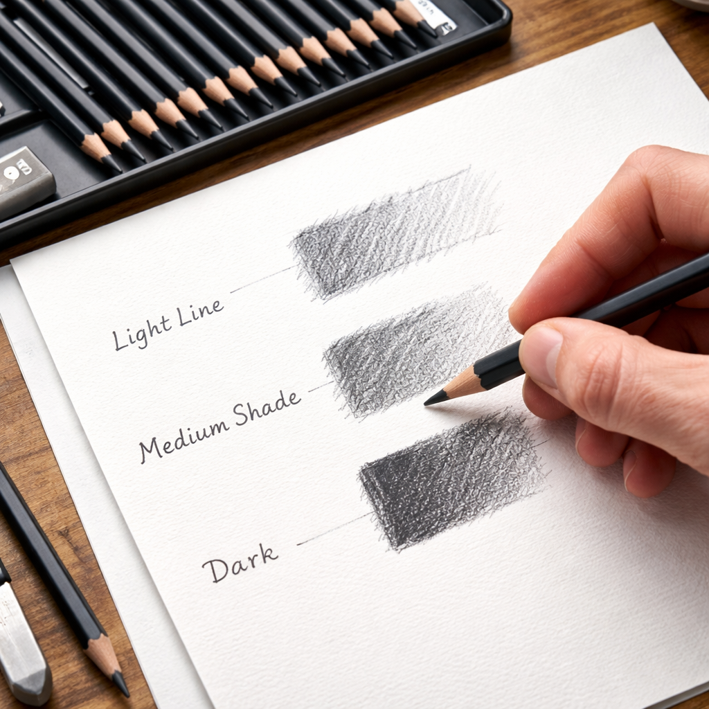 A realistic photo of an artist’s hand holding a graphite pencil, drawing a light line, a medium shade, and a dark block on two sheets of sketch paper, showing consistent lead quality. Alt: drawing pencils set for professionals being tested for lead consistency.