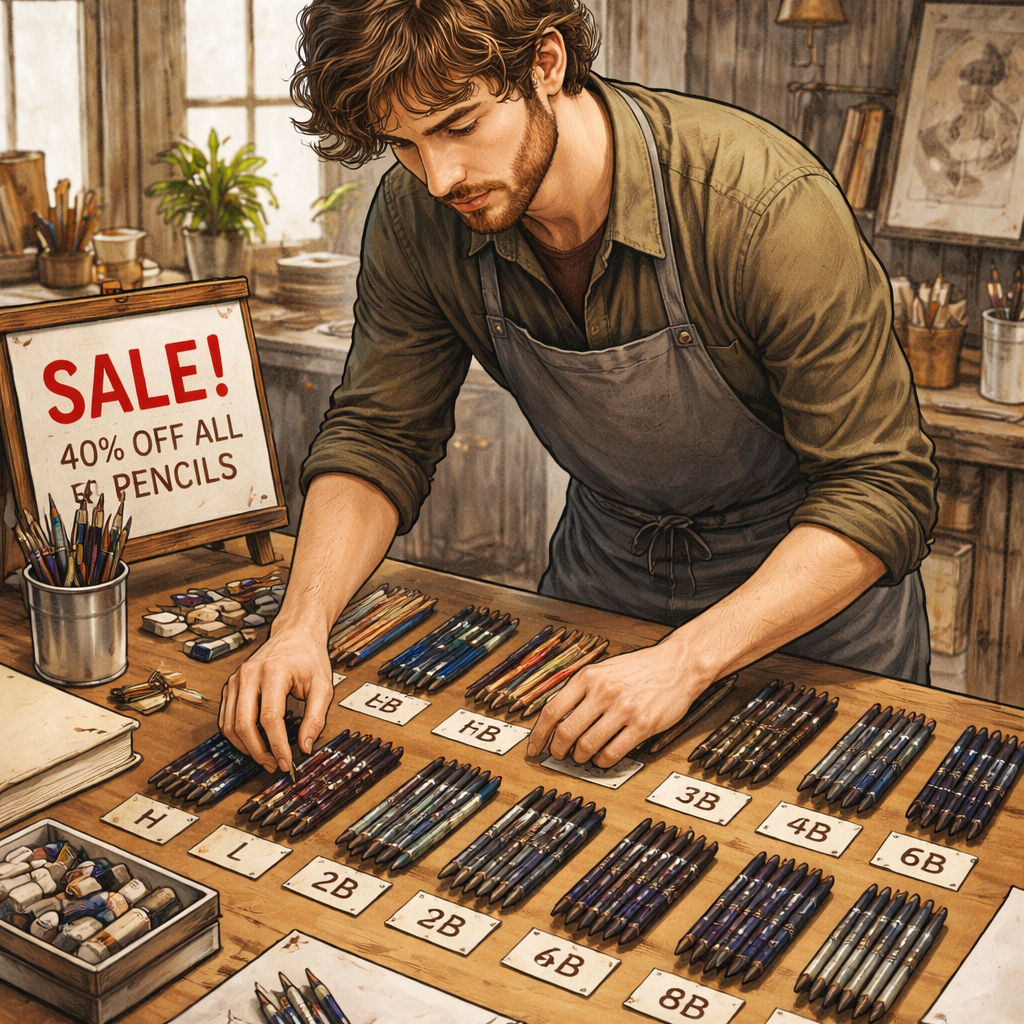 A realistic illustration of a young artist sorting pencils by grade on a wooden table, alt: