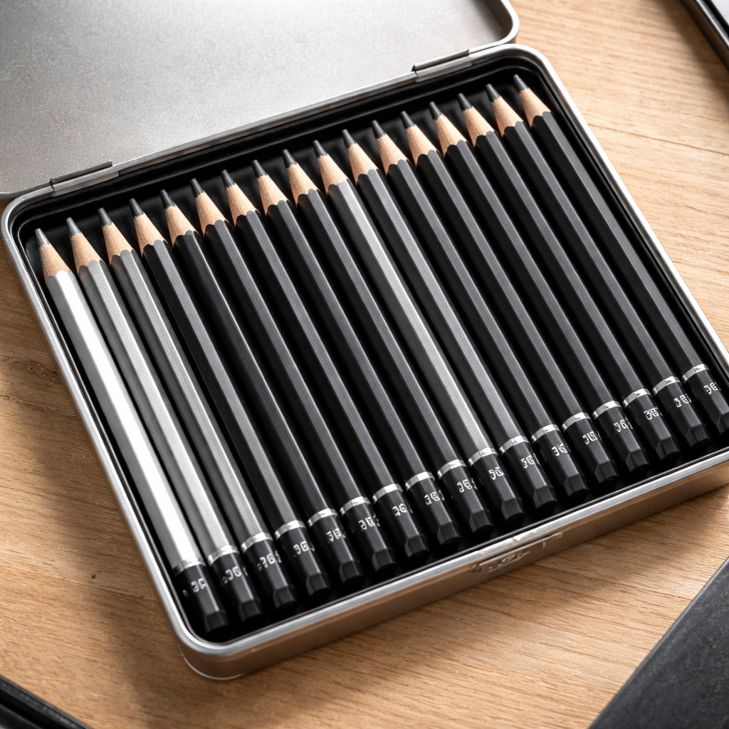 A realistic close‑up of a metal tin opened to reveal a neatly arranged set of drawing pencils, alt: