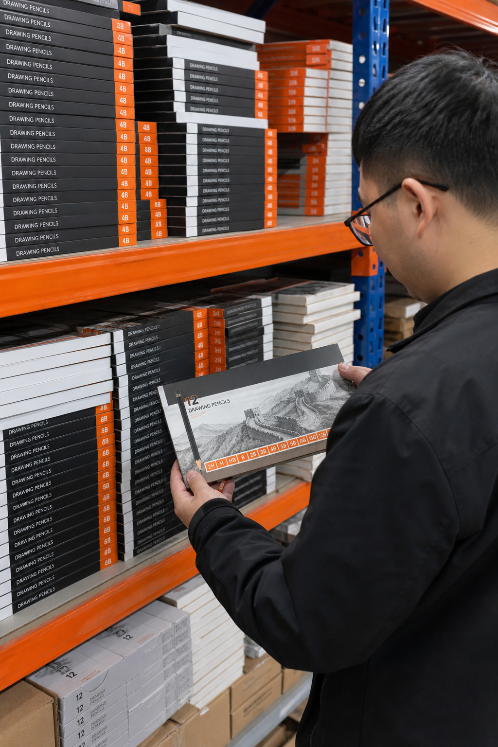 A realistic photo of a warehouse shelf stacked with boxes of drawing pencils in various grades, with a person inspecting a box. Alt: wholesale drawing pencils warehouse with supplier inventory