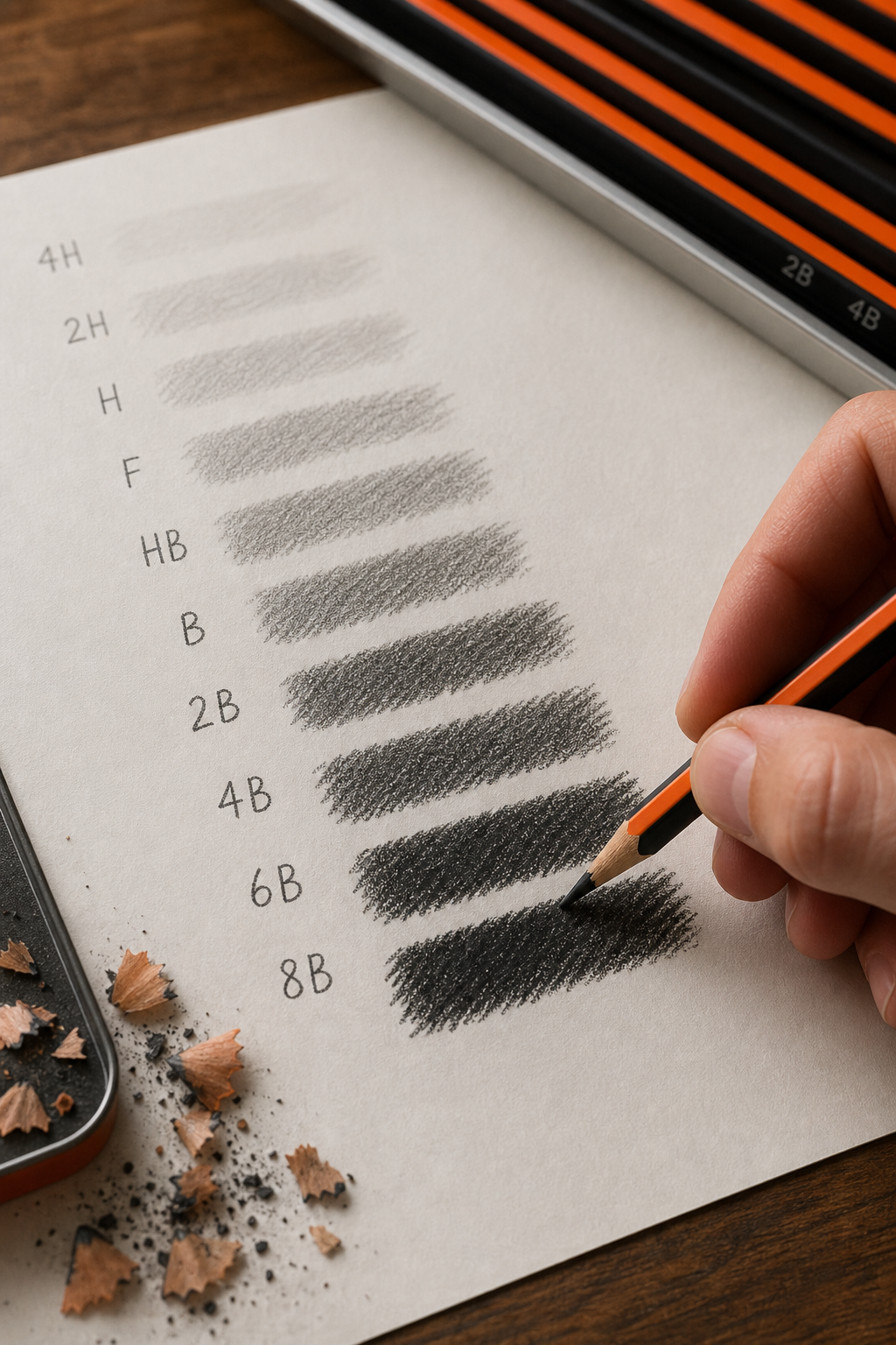 A close-up of a hand testing different pencil grades on paper, showing the range from hard to soft. Alt: testing drawing pencil grades hardness scale on paper