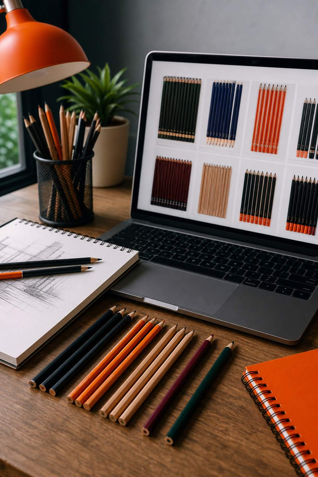 A realistic photo of a desk with a variety of drawing pencils spread out, a notepad, and a laptop showing a wholesale supplier website. Alt: Best drawing pencils wholesale suppliers for artists.