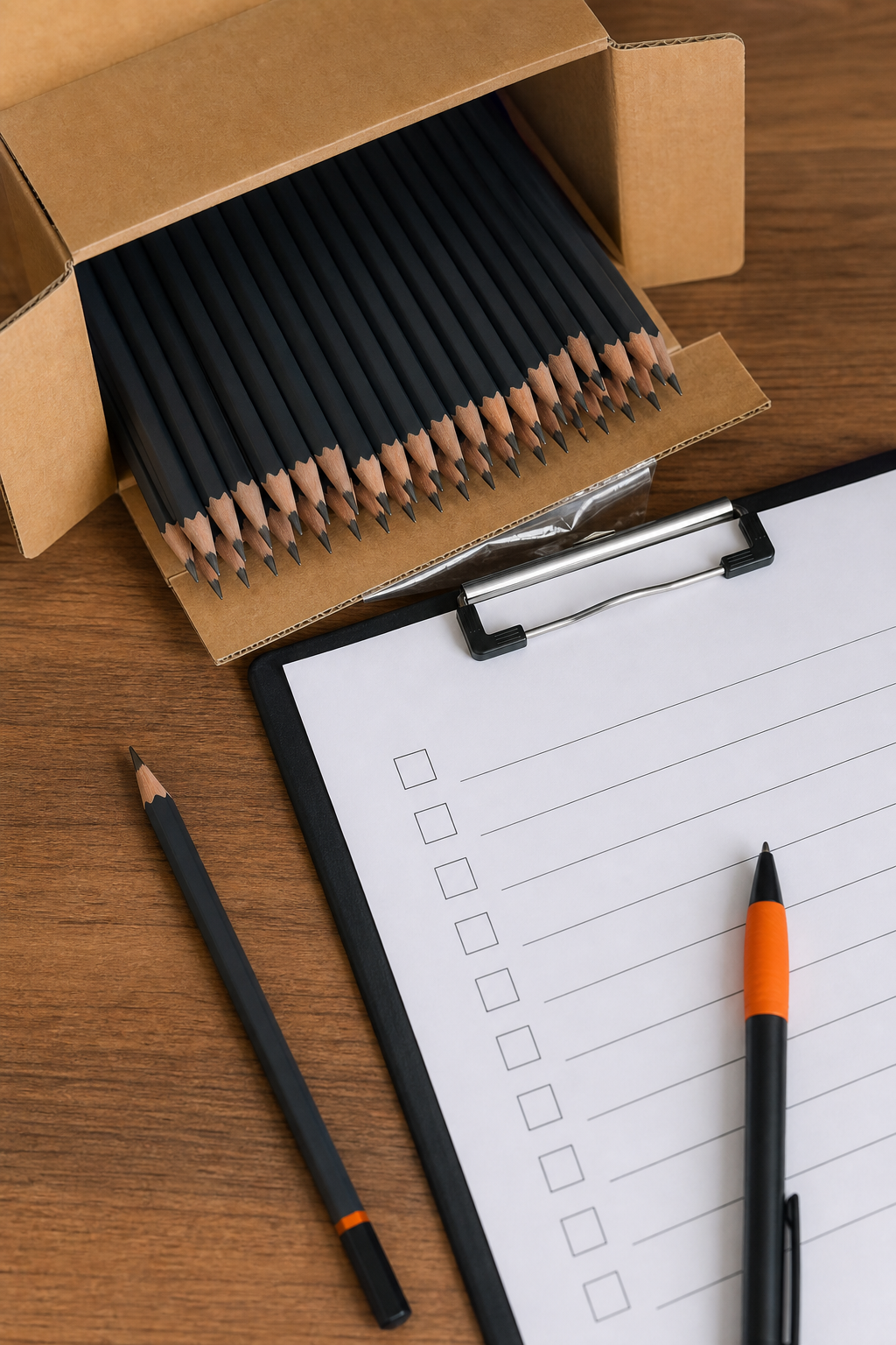 A realistic photo of a package being opened with pencils inside, next to a checklist and a pen. Alt: Sample order of wholesale drawing pencils for quality check.