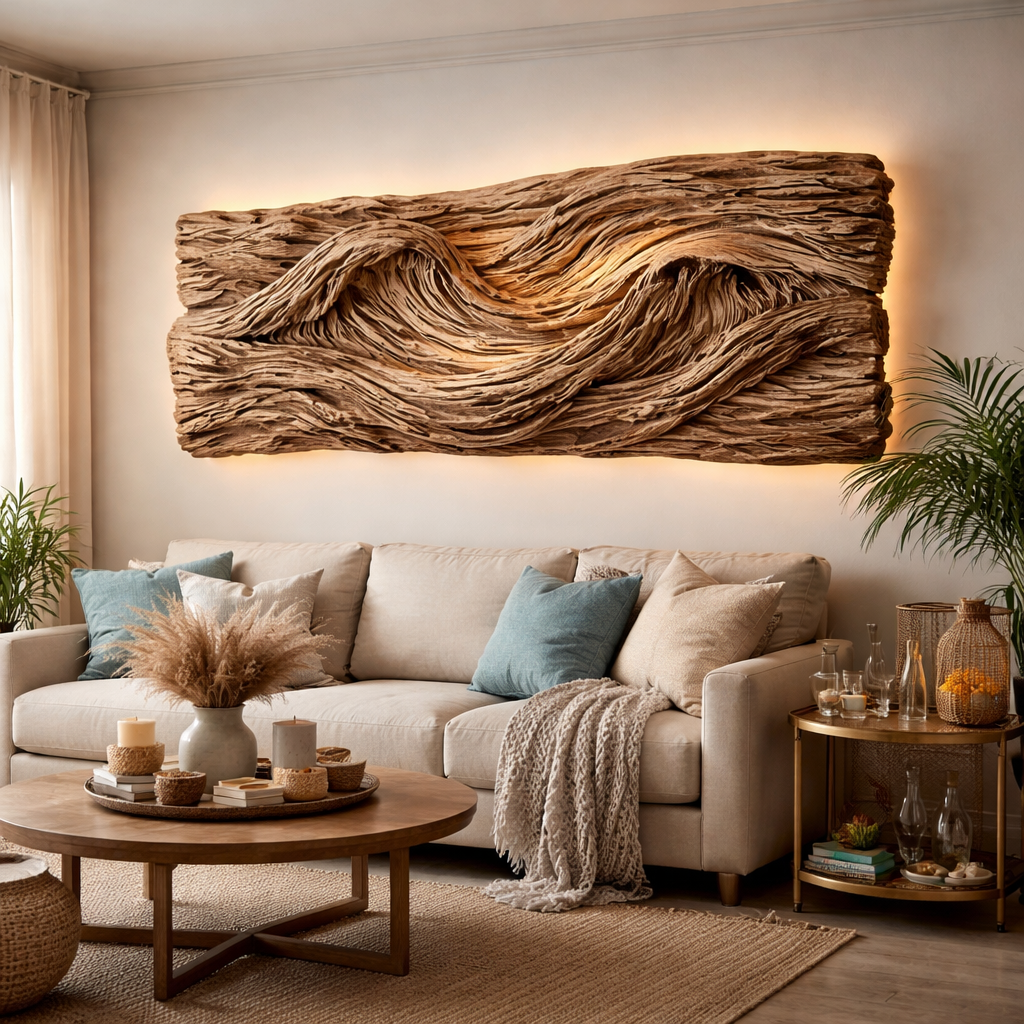A photorealistic scene of a living room with a large hand‑carved driftwood wall art piece mounted above a cozy sofa, soft natural light highlighting the wood grain, a subtle LED strip glowing behind the art, and a stylish bar cart nearby adorned with coastal décor. Alt: Hand‑carved driftwood wall art enhancing a maritime‑inspired living space.