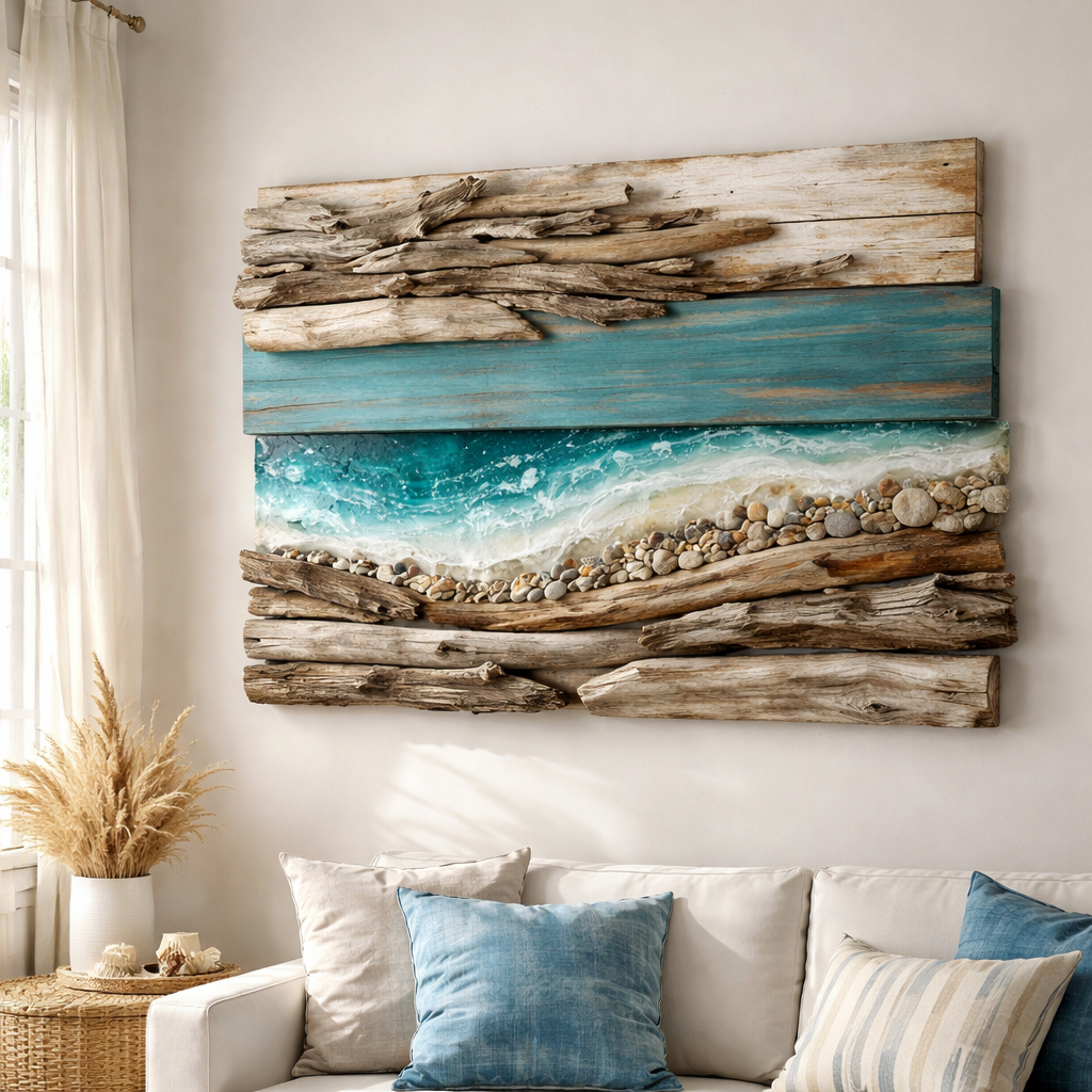A photorealistic scene of a mixed‑media driftwood collage on a coastal‑styled living‑room wall, featuring raw driftwood, reclaimed pine with sun‑bleached stain, a painted teal panel, and a resin‑filled driftwood section, soft natural light streaming through a window, highlighting textures and finishes. Alt: Mixed‑media driftwood wall art collage showcasing various materials and finishes in a maritime home setting.