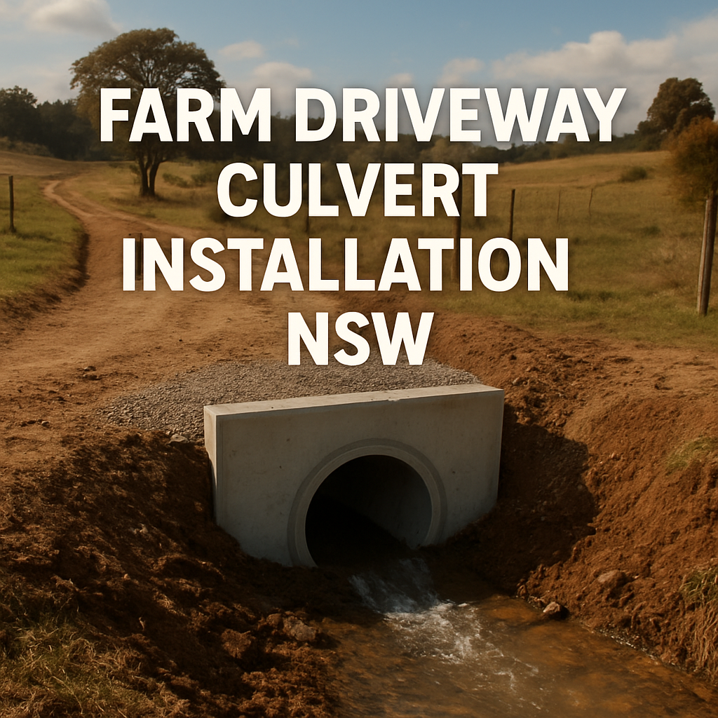 A farm driveway with a newly installed concrete culvert, showing water flowing through the pipe. Alt: driveway culvert installation nsw