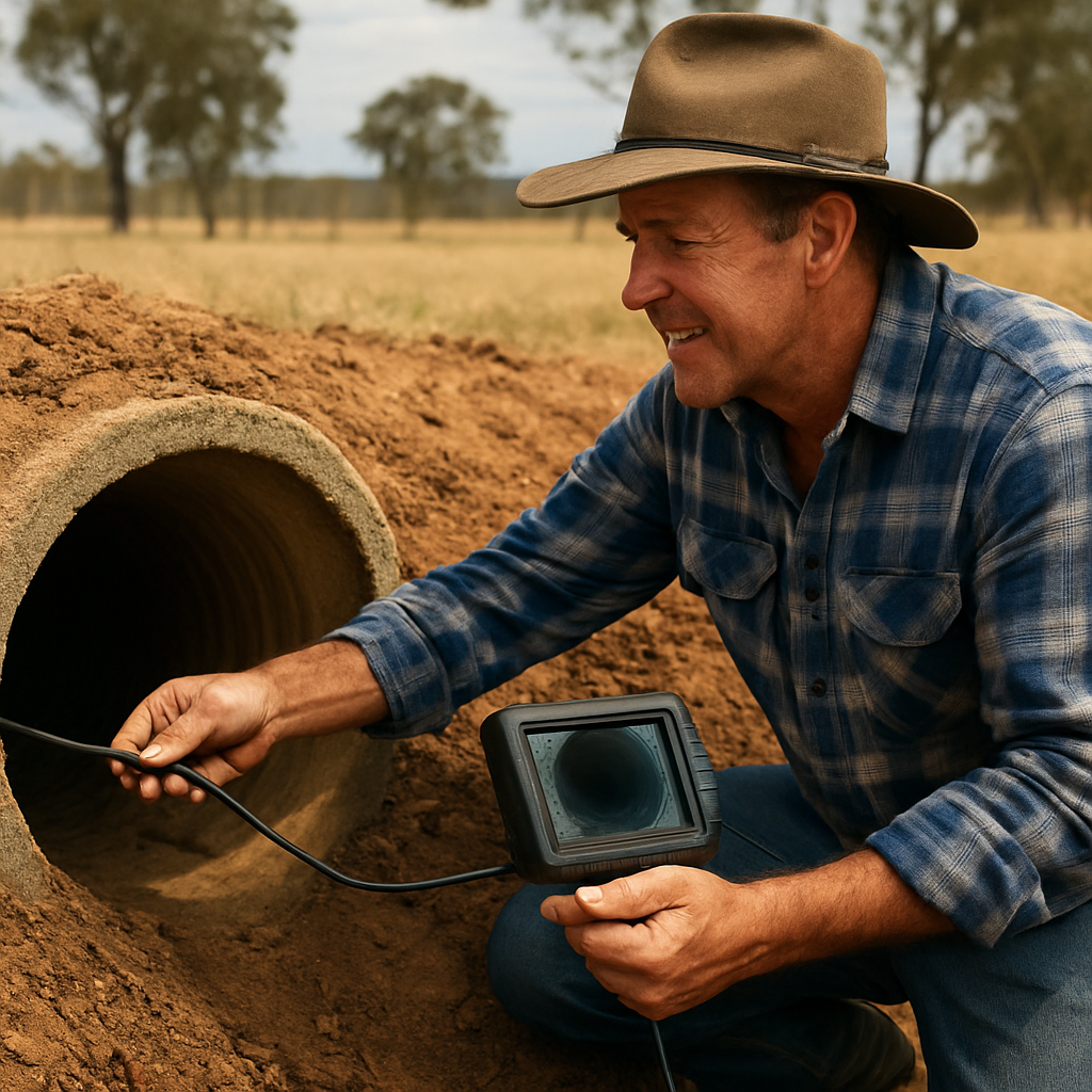 A farmer inspecting a culvert with a handheld inspection camera, showing the pipe interior and surrounding soil. Alt: driveway culvert inspection and maintenance in NSW