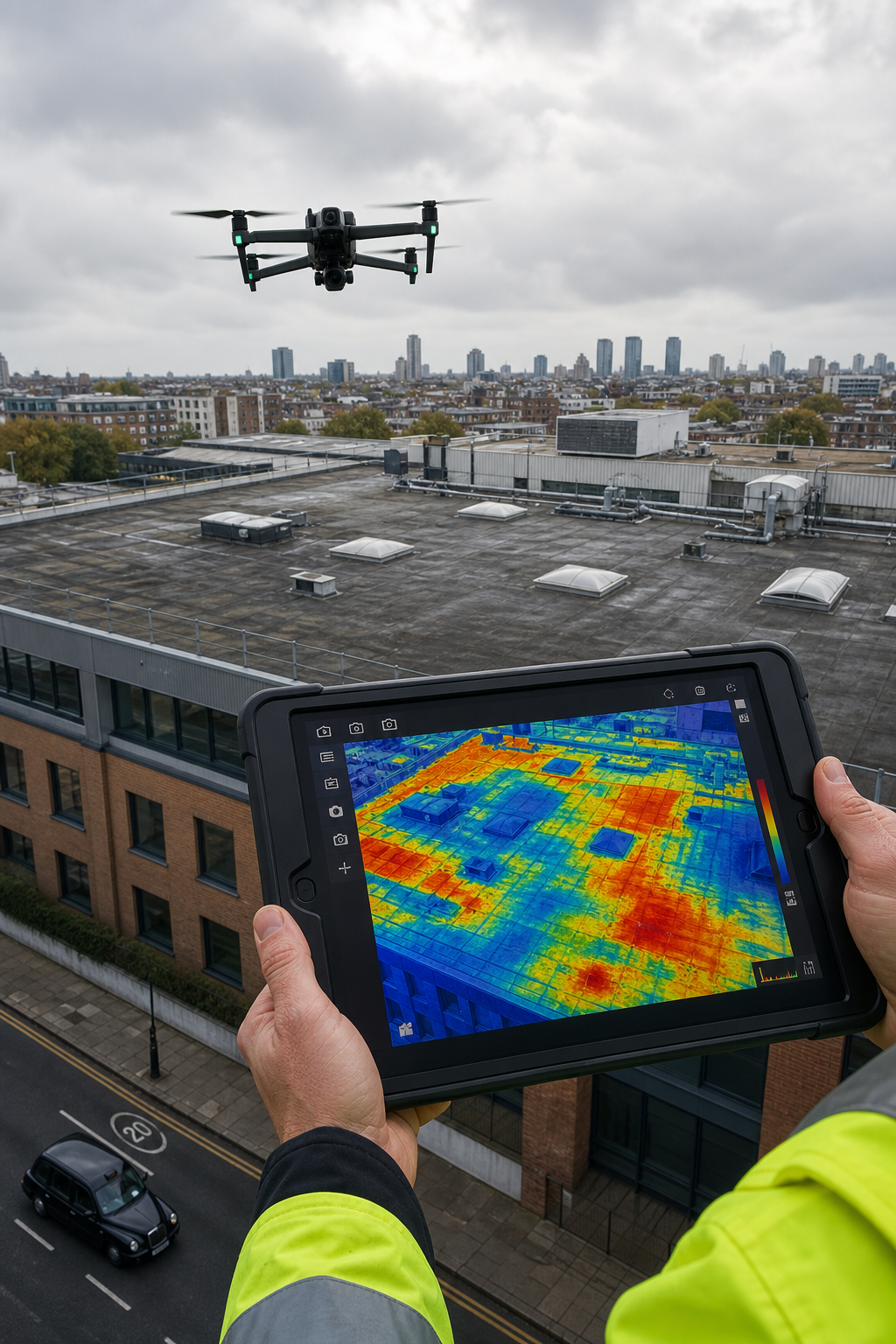 A photorealistic drone flying above a commercial building roof, with a thermal overlay visible on a tablet screen, showing areas of heat loss in red and blue. Alt: Drone thermal imaging of commercial roof defects.